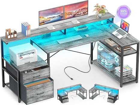 L-Shaped Desk with File Drawer, Power Outlet & LED Strip