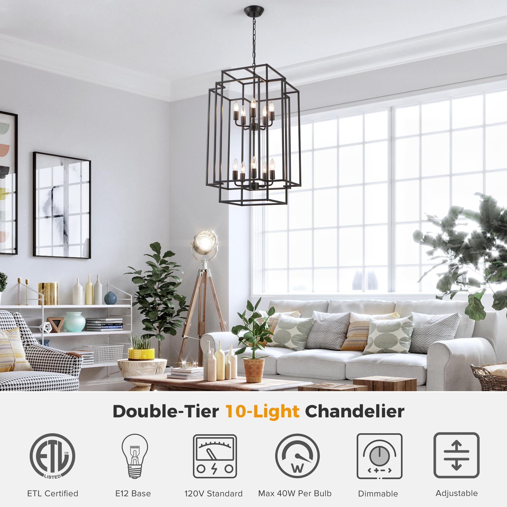 Xuridongsheng Large Lantern Chandelier for Entryway Foyer, 2-Tier Matte Black Cage Chandelier, 10-Light Hanging Light Fixture for High Ceiling Staircase Living Room