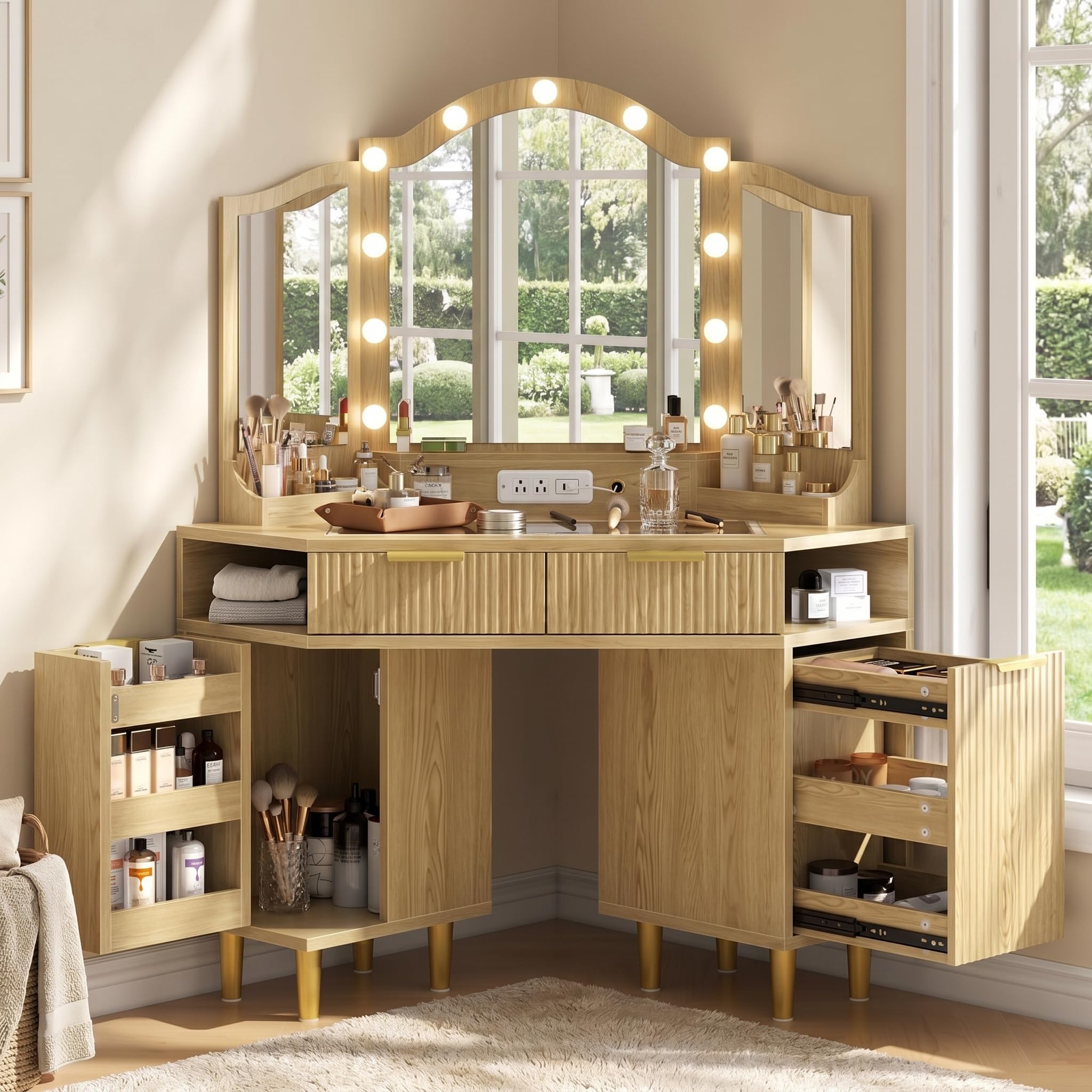Corner Vanity Desk with LED Mirror & Storage