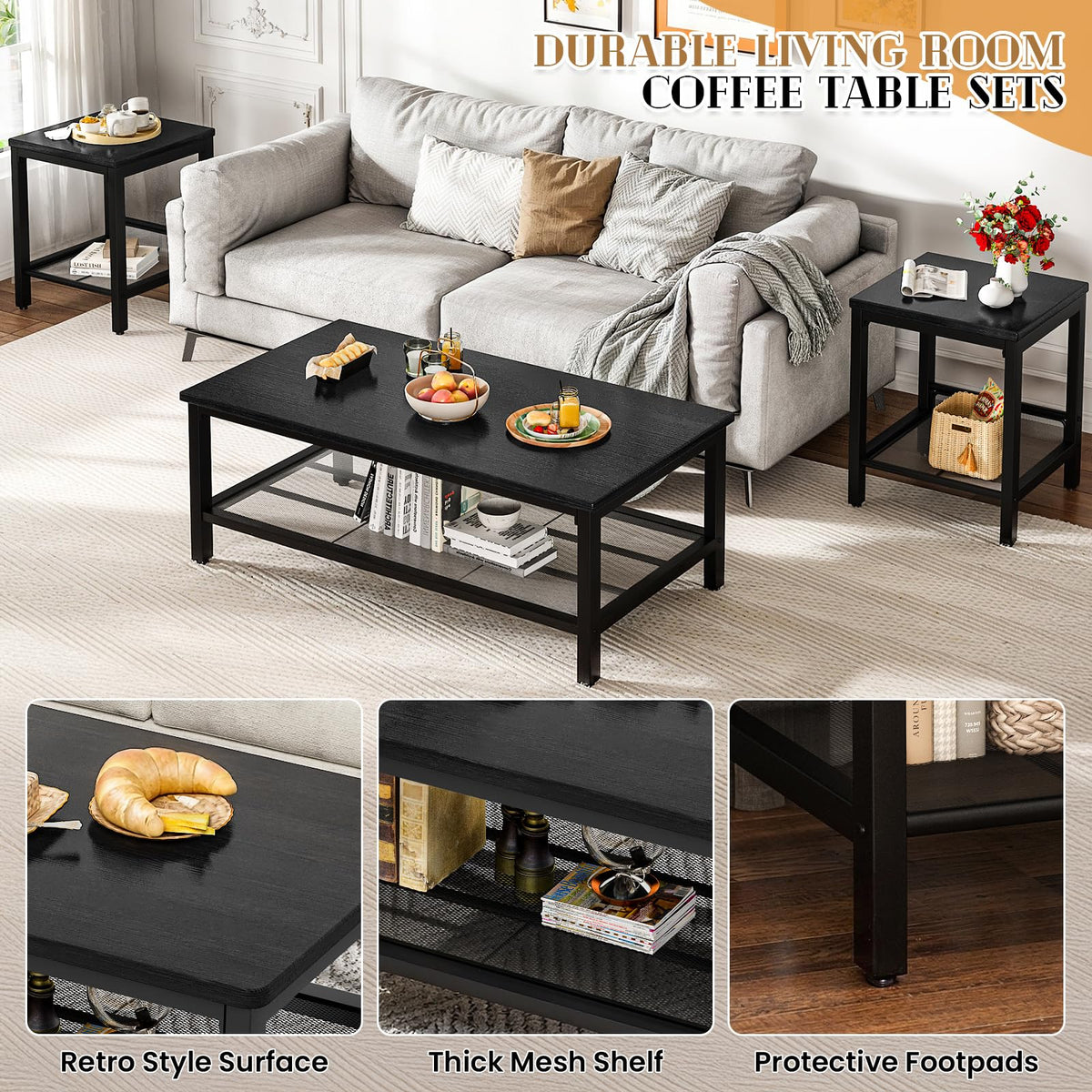 Recaceik 3-Piece Living Room Coffee Table Set, Industrial Coffee Table with 2 Square End Side Tables, Modern Living Room Table Set with Metal Frame for Apartment Home Office (Black)