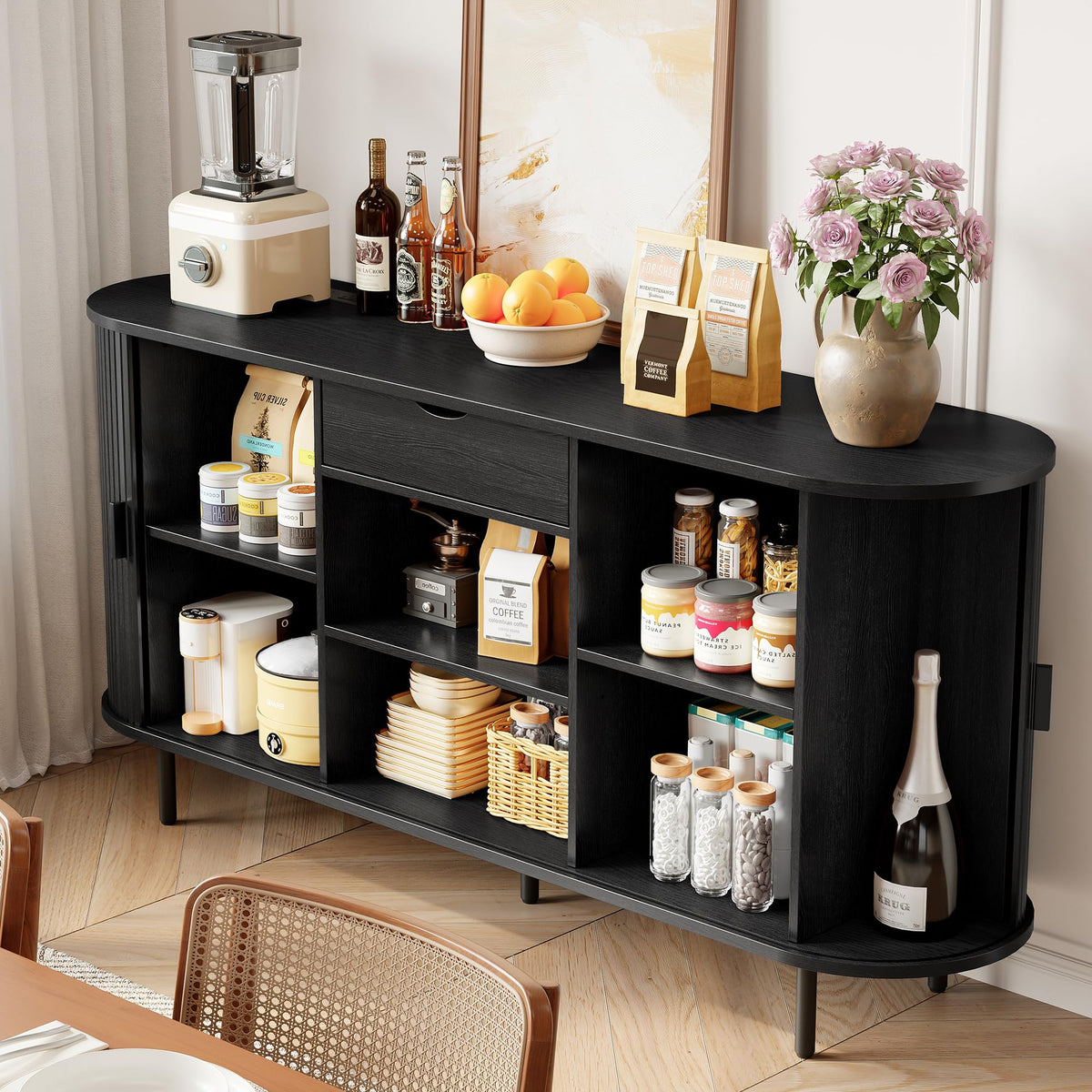 ONBRILL 63" Sideboard Buffet Cabinet with Storage Drawer & Shelves,Black
