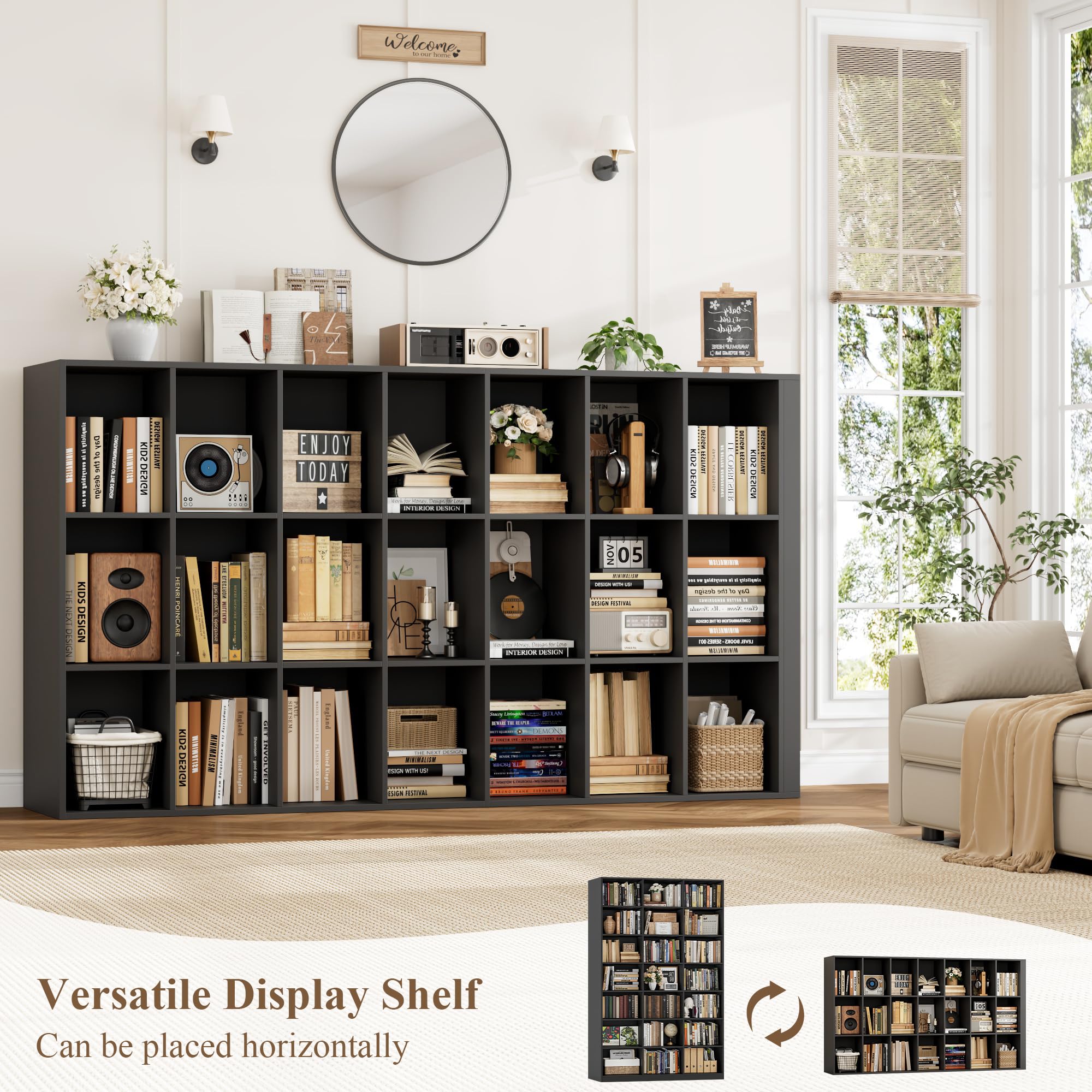HOSTACK 86" H Triple Wide Bookshelf and Bookcase, 7 Tier Tall Bookshelf with Storage, Large Bookcase with 21 Open Display Storage Shelves, Wood Book Shelf Media CD DVD Storage for Living Room, Black