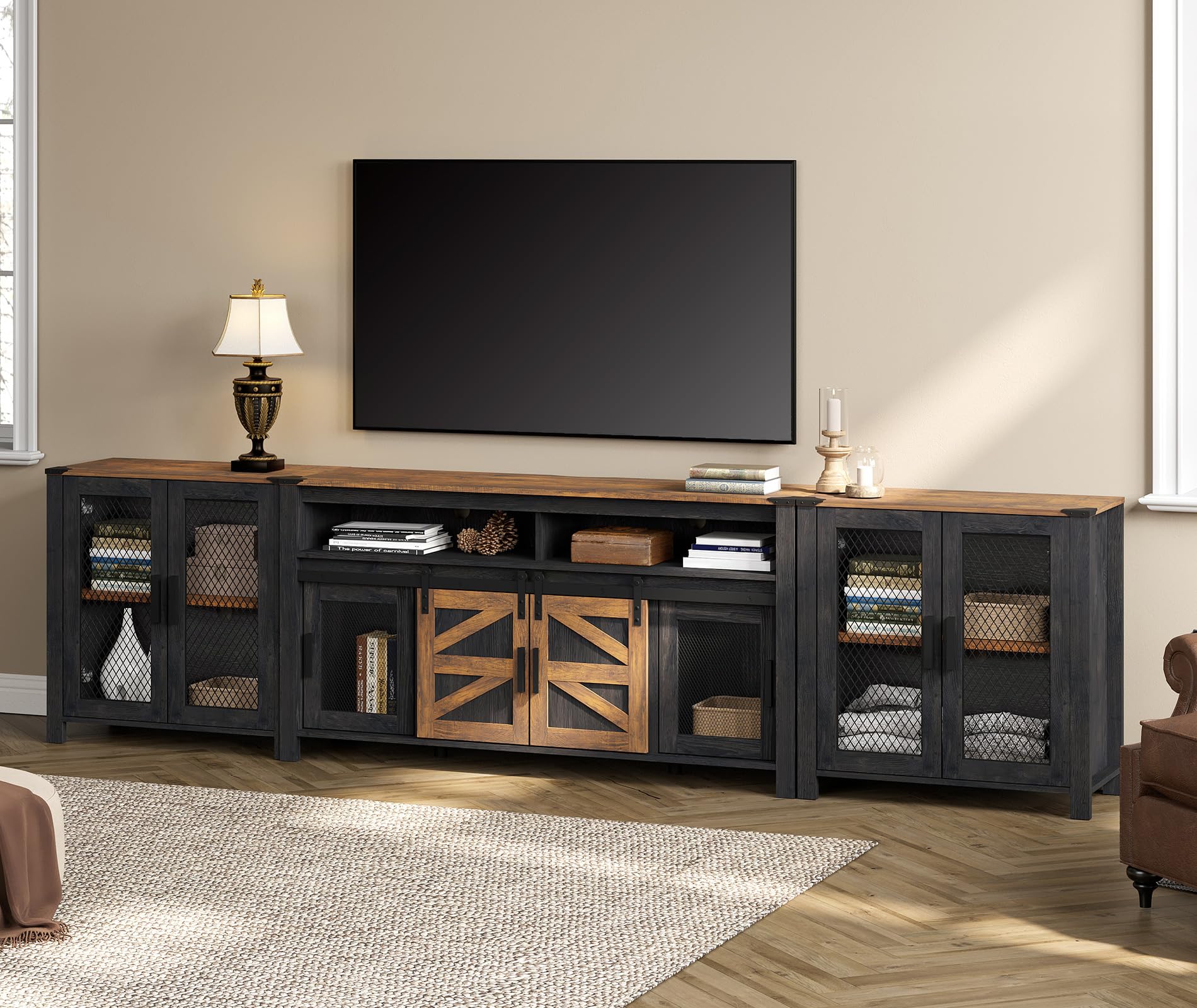 WAMPAT TV Stand Set for 100 inch TV,Door Storage Cabinet with Mesh for Living Room,Farmhouse Storage Units with Open and Adjustable Shelf,Antique White, Dark Walnut and Black