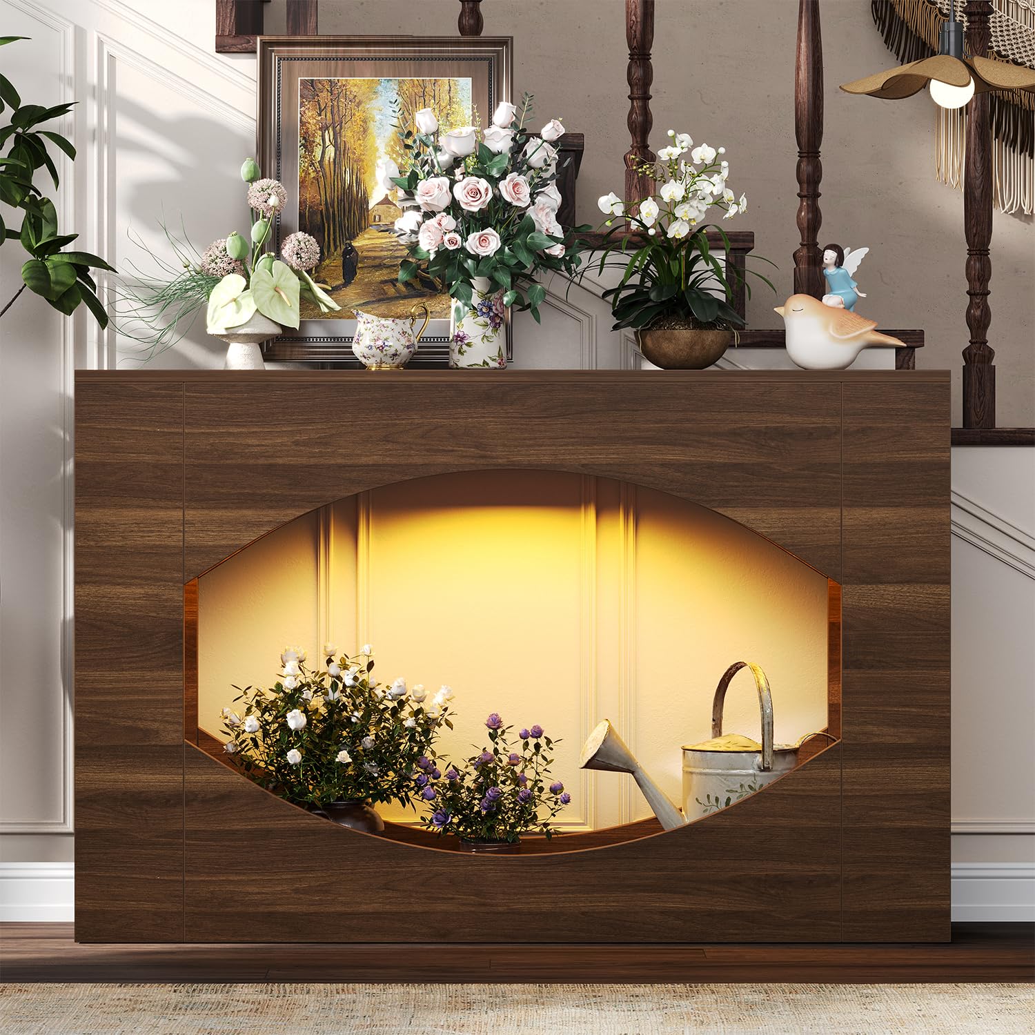 Farmhouse Console Table with LED Lights, 47 Inches Entryway Table with Open Storage, Modern Wood Couch Table Behind Sofa, Narrow Accent Entrance Table for Living Room, Hallway, Foyer,Rusitc Brown