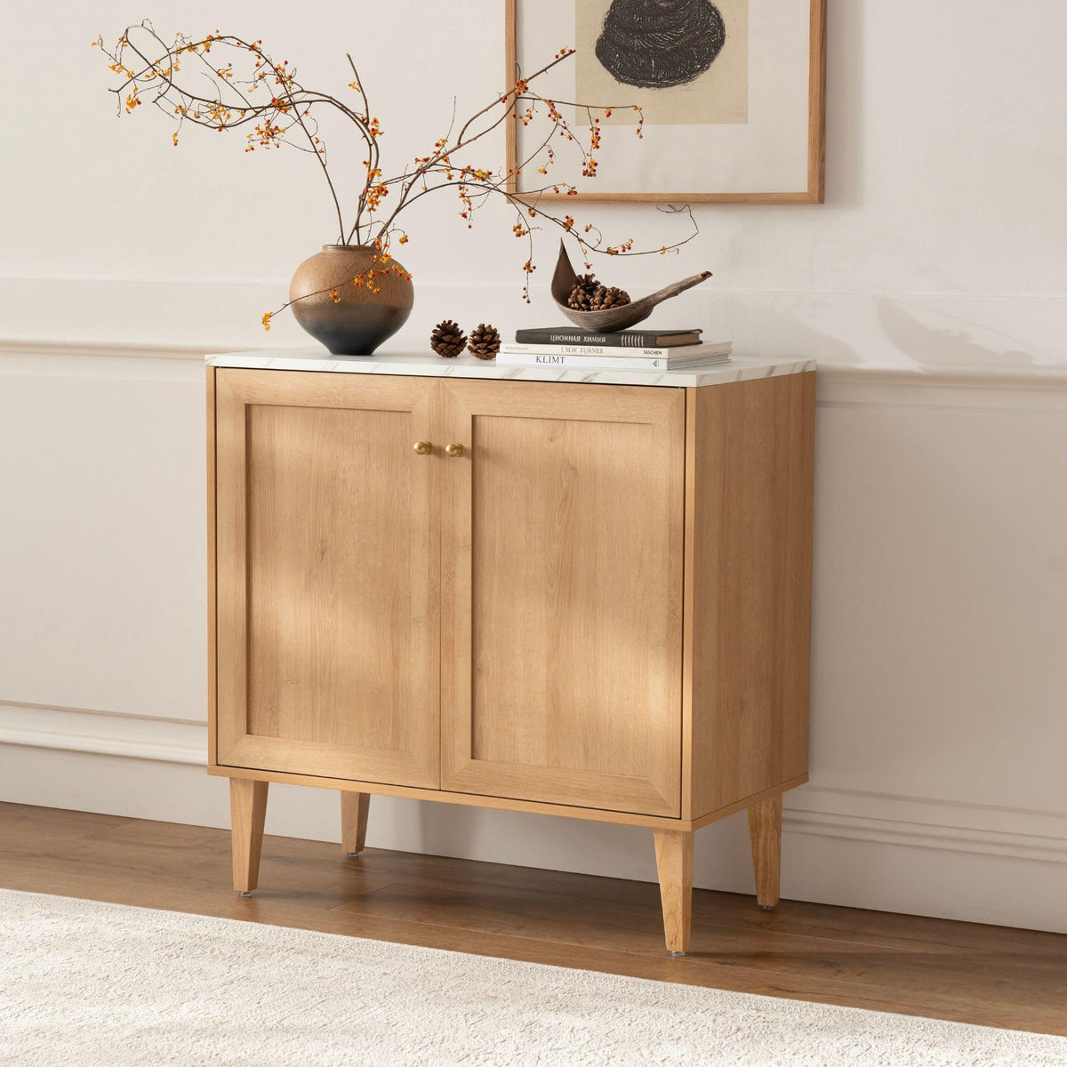 EYYTHUNG Storage Cabinet Set of 2, Sideboard Buffet Modern Accent Cabinets with Faux Marble Top & Adjustable Shelves, Credenza, Console Table Entryway Cabinet for Living Room, Oak