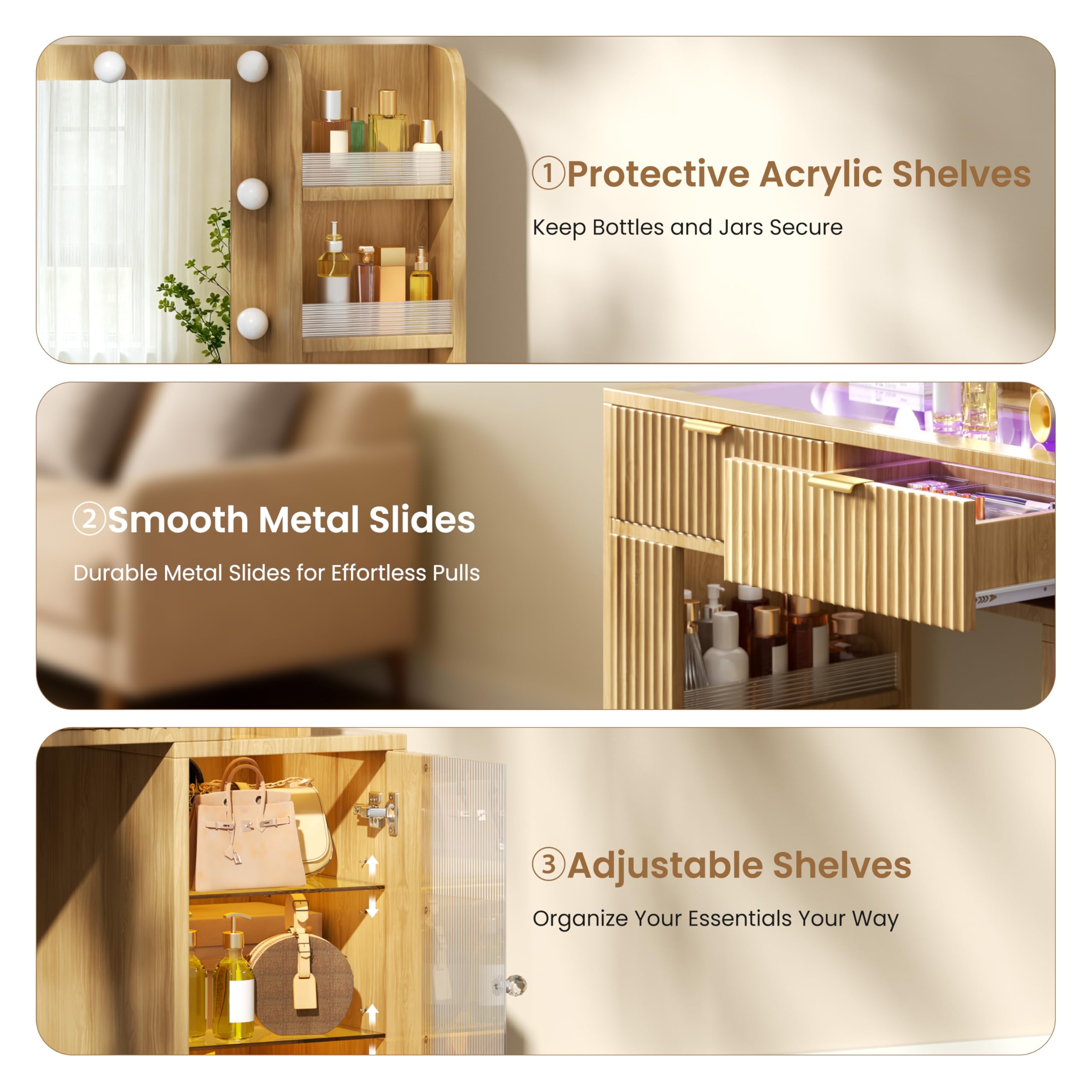 47'' Fluted Makeup Vanity Desk with Large 36" Mirror & Hollywood Bulbs, Smart RGB Lights, Glass Top Vanity with 5 Shelves, 2 RGB Drawers, Acrylic Cabinets, Wood Vanity with Charging Station,Oak