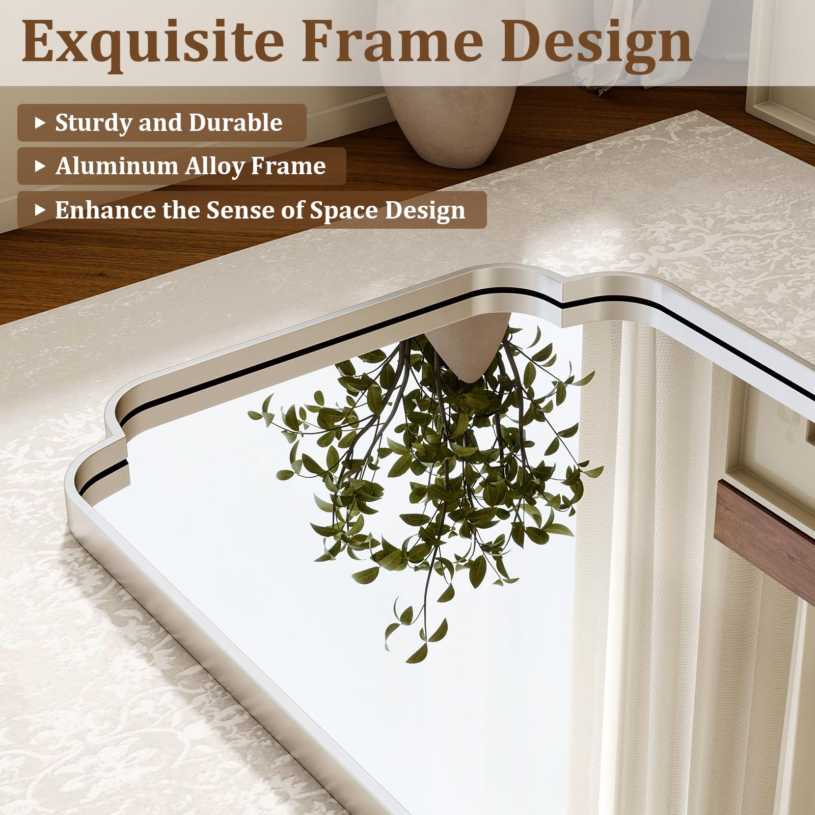XRAMFY 30" x 48" Silver Arch Bathroom Mirror, Wall Mounted Vanity Mirror with Metal Frame, Modern Decorative Scalloped Wall Mirror for Sink, Bedroom, Living Room, Entry, Farmhouse Home