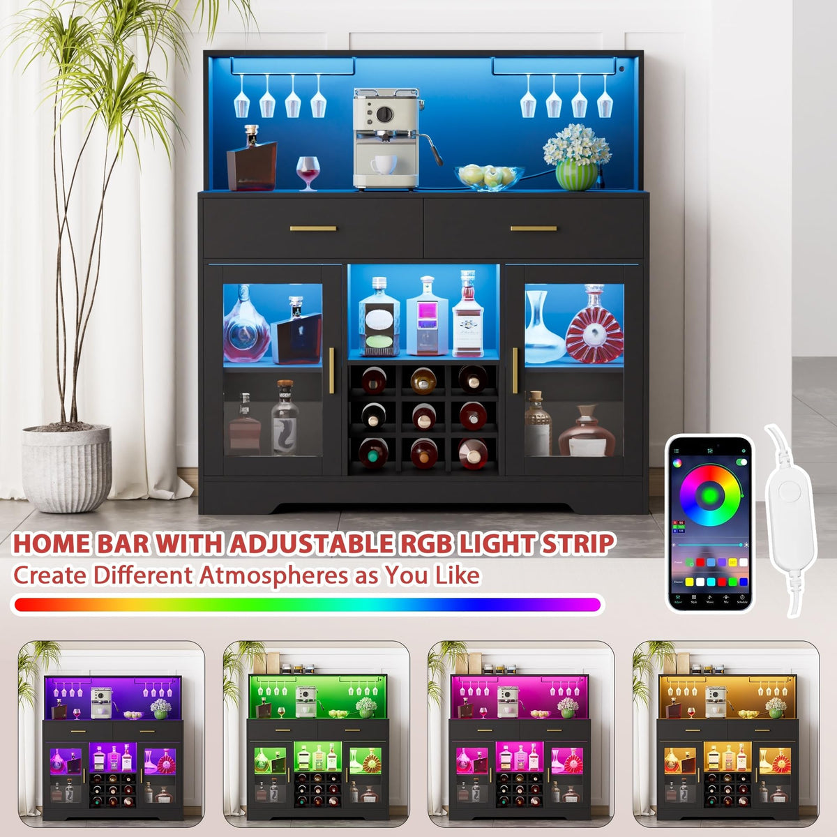 Black Wine Bar Cabinet with LED Lights