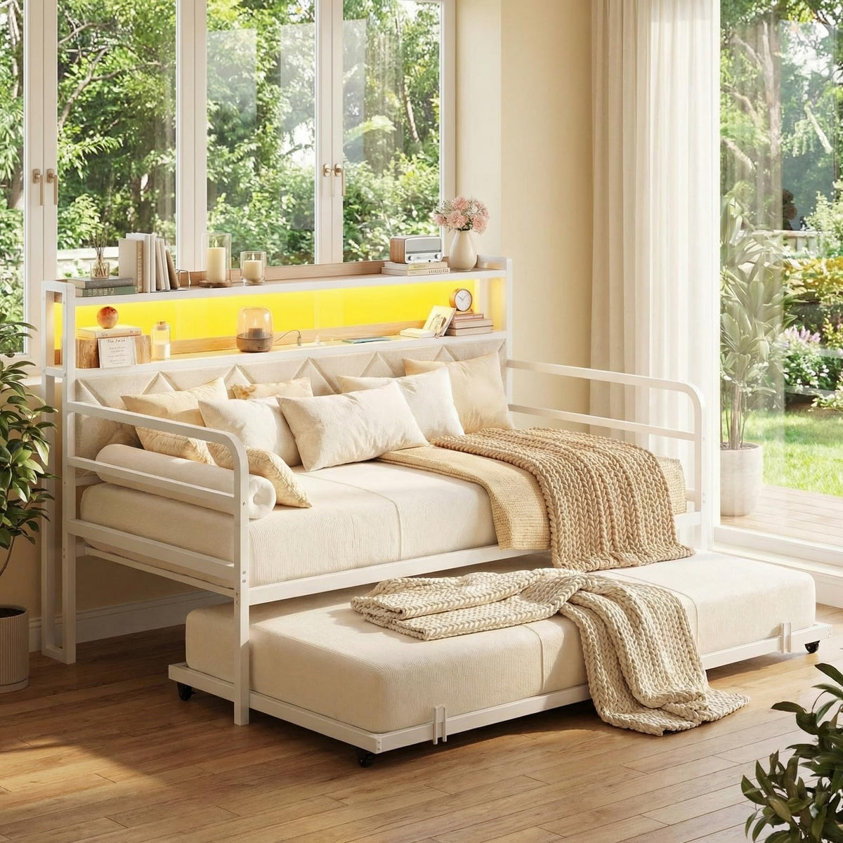 LIKIMIO Twin Daybed with Trundle and Charging Station, White