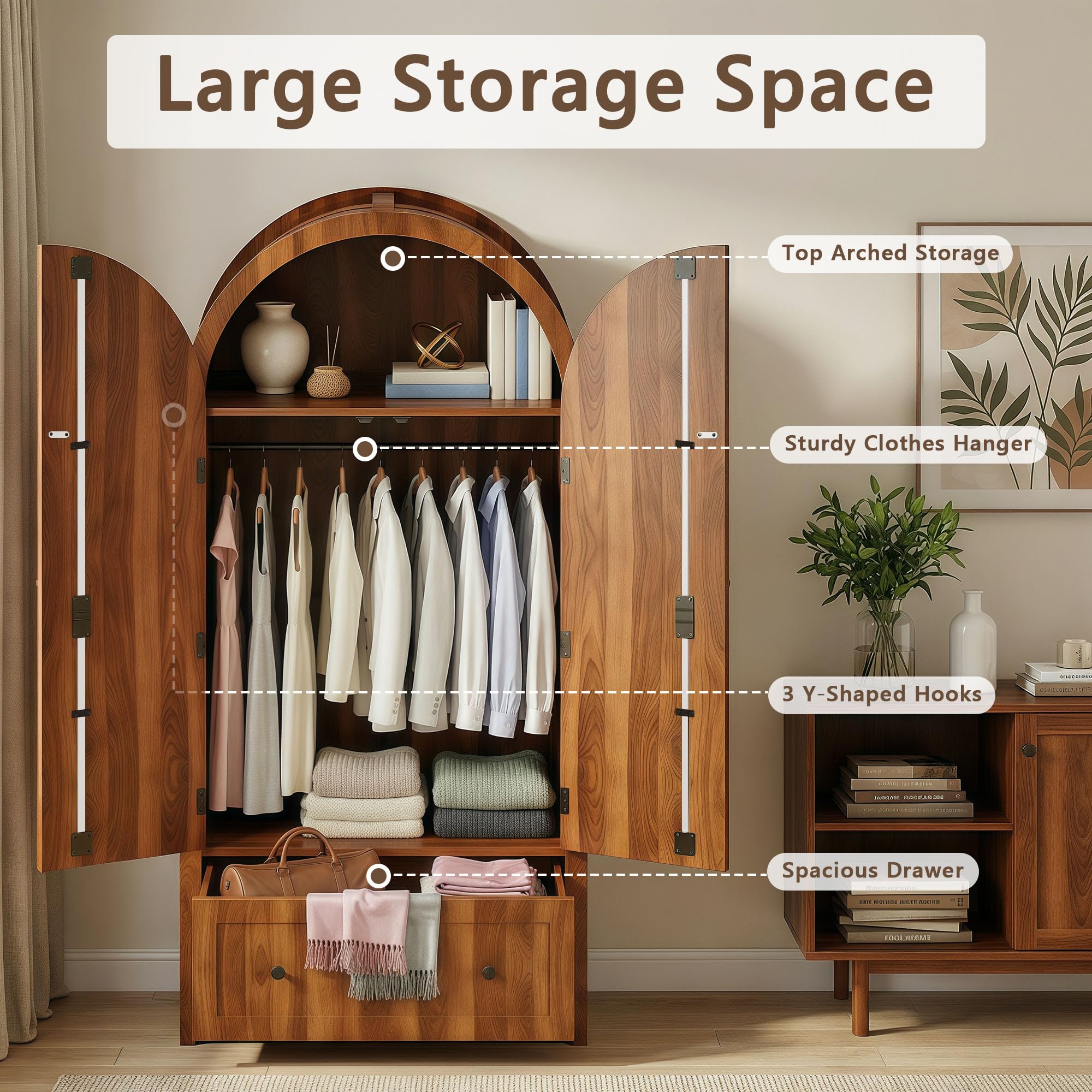 Freestanding Armoire Wardrobe with Arched Doors & Drawer