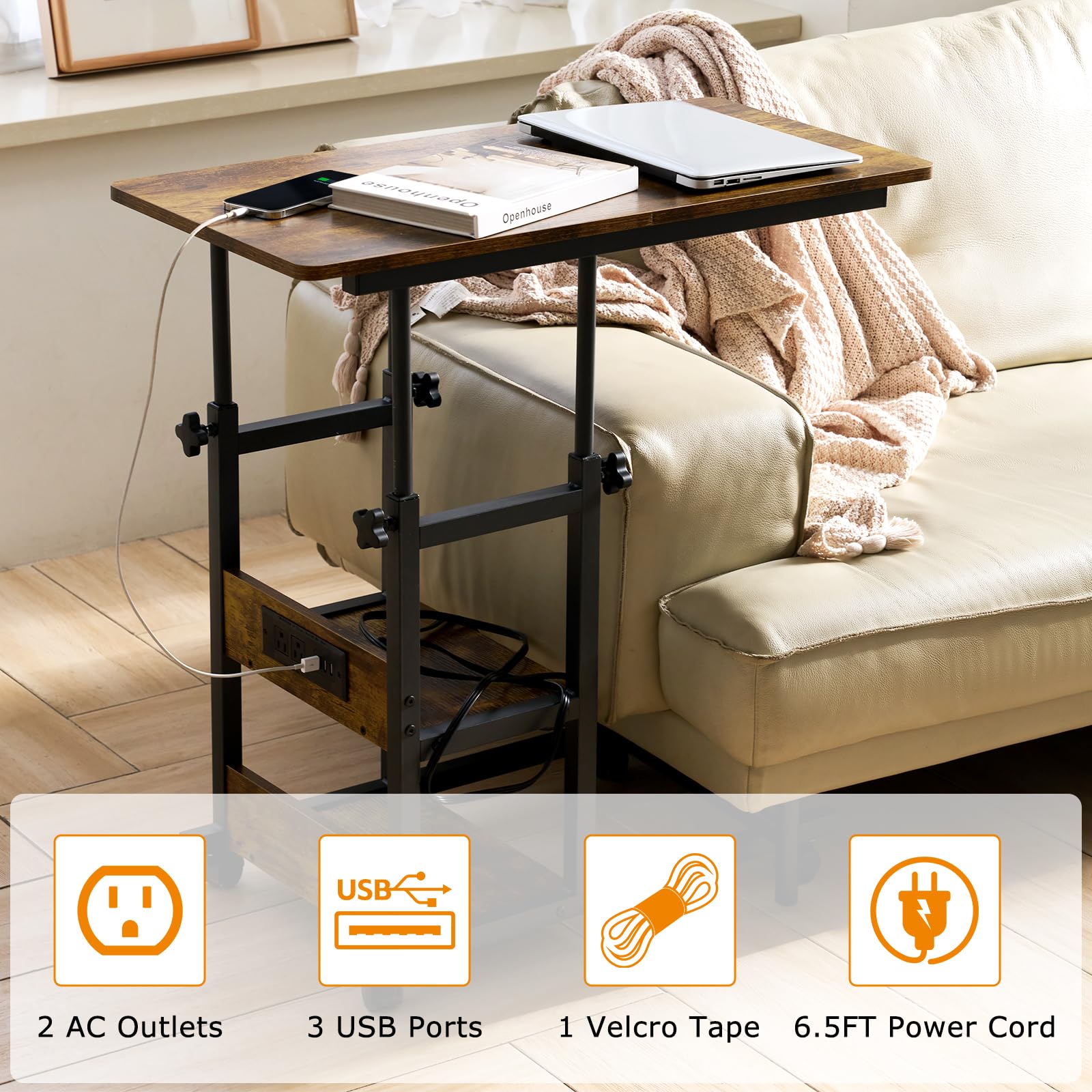 Armocity C Shaped End Table Height Adjustable - Couch Side Table with Charging Station, TV Tray with Wheels Slide Under Sofa for Small Spaces, Living Room Bedroom, Rustic Brown