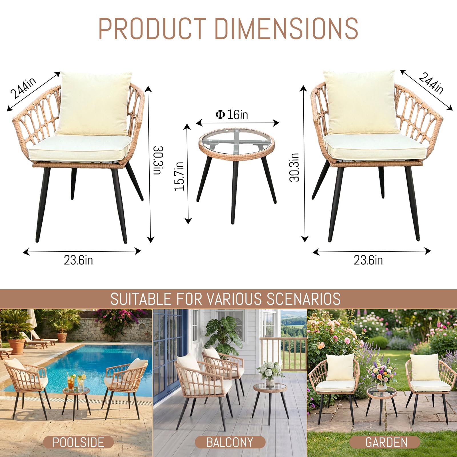 3 Piece Outdoor Patio Bistro Set,All-Weather Modern Wicker Table and Chairs Set for Backyard,Deck,Poolside,Beige