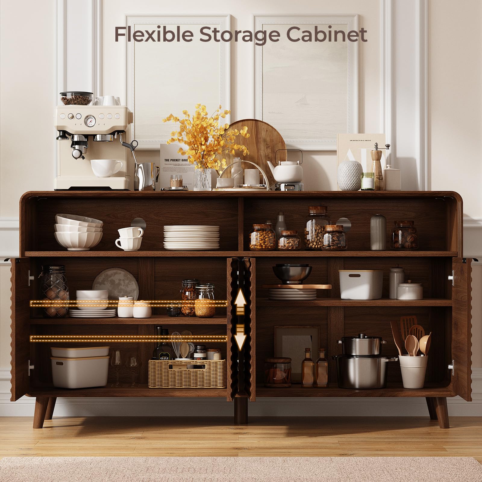 Lefurture 61" Sideboard Buffet Cabinet with Open Storage & 4 Doors, Large Coffee Bar Cabinet with Adjustable Shelves, Mid Century Modern Fluted Buffet Cabinet for Kitchen, Living Room, Walnut