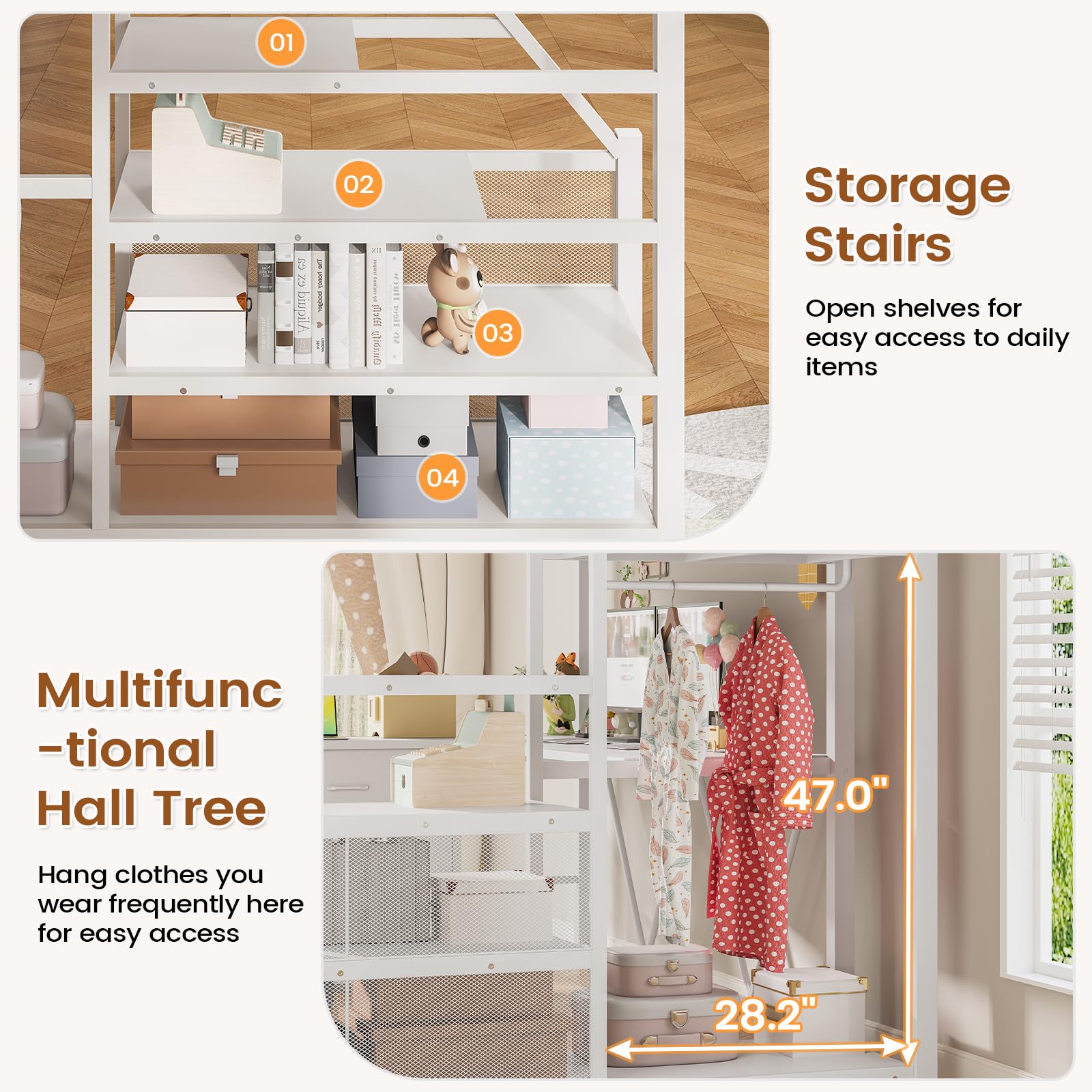Full Size Loft Bed with Desk & Storage Stairs