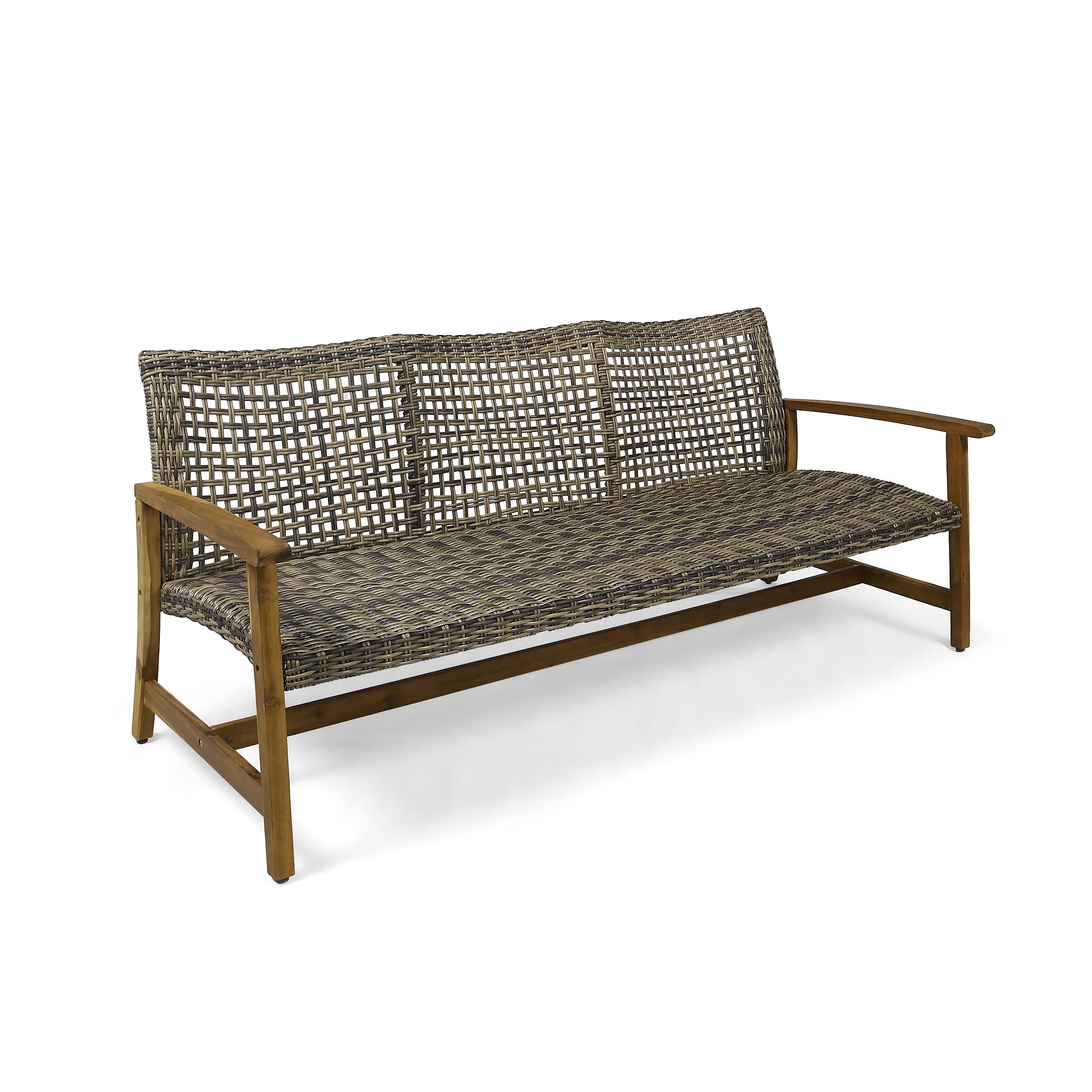 Outdoor Wicker Sofa with Acacia Wood Frame, 3-Seat