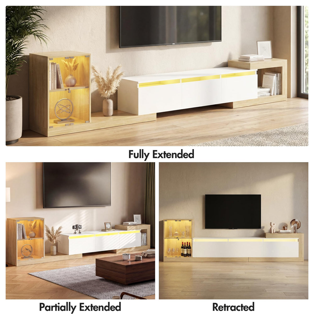 85.4"-129.5" Extendable TV Stand with Glass Cabinet for 75”-110” TVs White