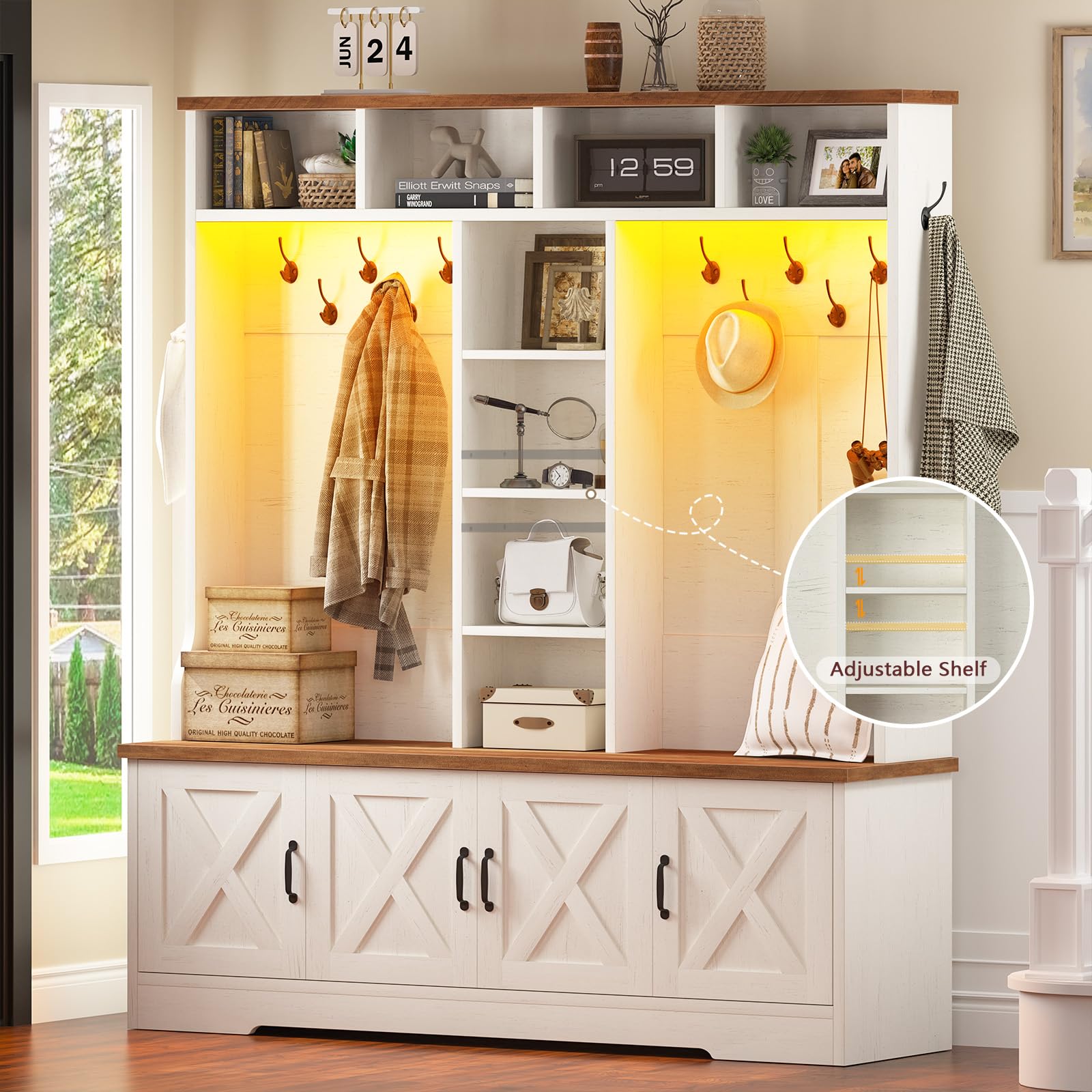 5-in-1 Farmhouse Hall Tree with Bench, Shoe Cabinet, 12 Hooks & LED Lights