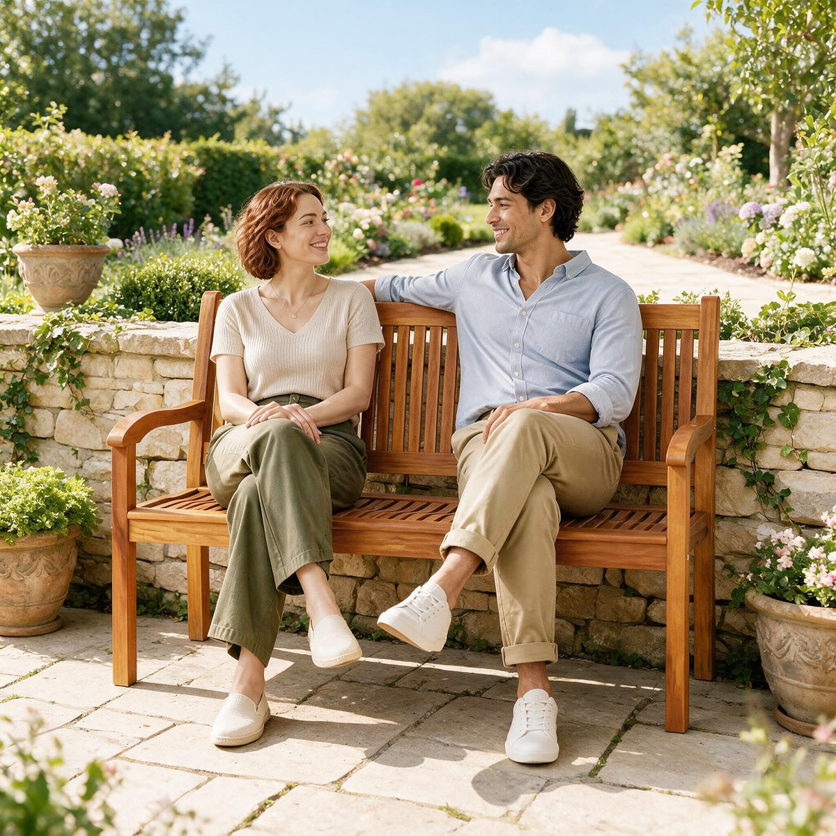 COSTWAY Wooden Bench Outdoor, Curved Armrest & Backrest, Teak Colored
