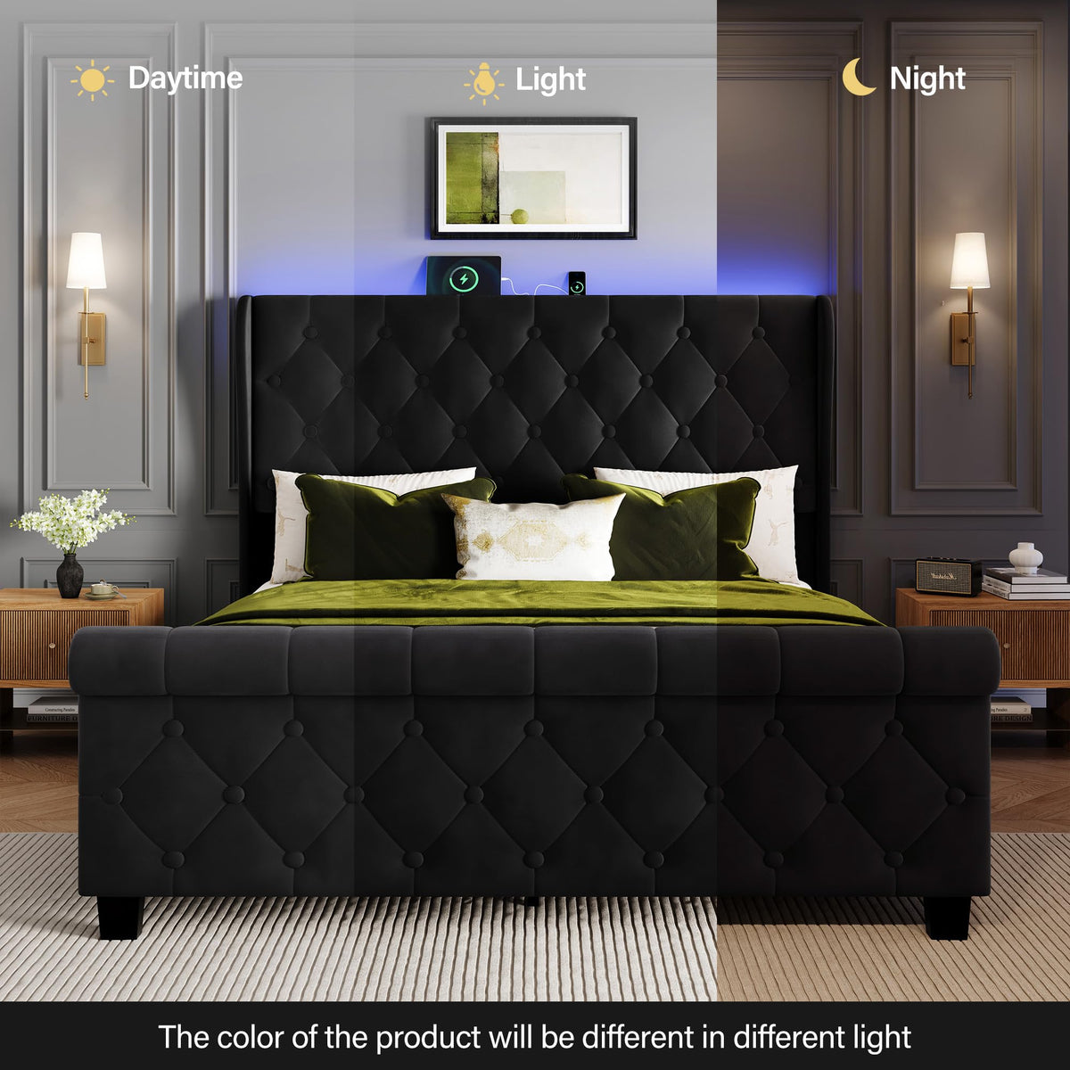 Uteeran Queen Size Bed Frame with Headboard, Upholstered Bed Frame, Balck