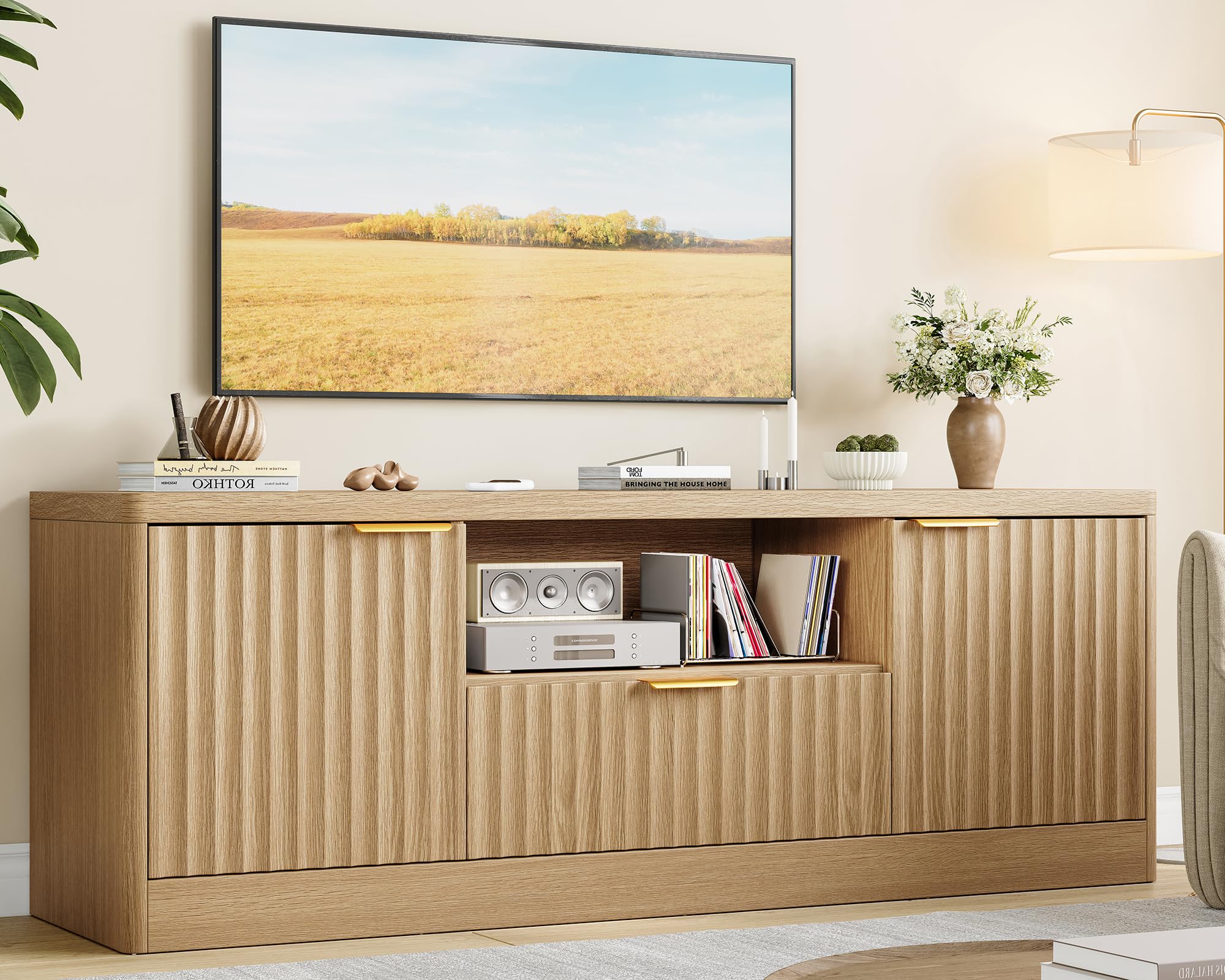 55" Fluted TV Stand with Drawer & Open Shelf