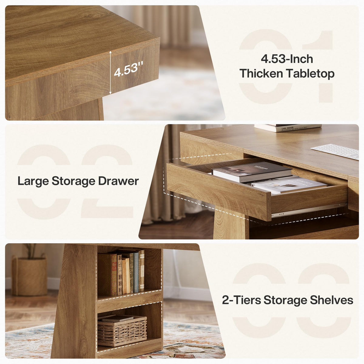Tribesigns 55-Inch Executive Desk with Drawer, Large Office Computer Desk with Double Pedestal and Storage Shelves, Farmhouse Wooden Writing Table Workstation Business Furniture for Home Office, Brown