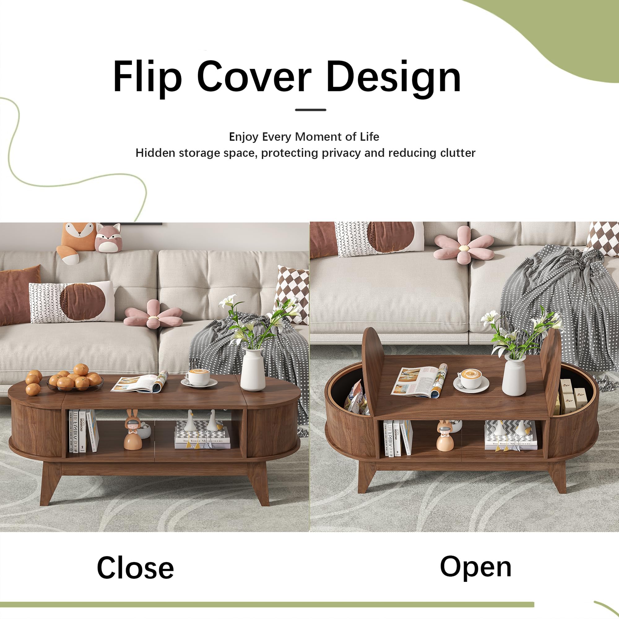 Coffee Table with Storage,Mid Century Modern Coffee Tables with 2 Flip-Top Hidden Lids,Fluted Coffee Table,Wood Center Tables for Living Room Home Office (Walnut Color)