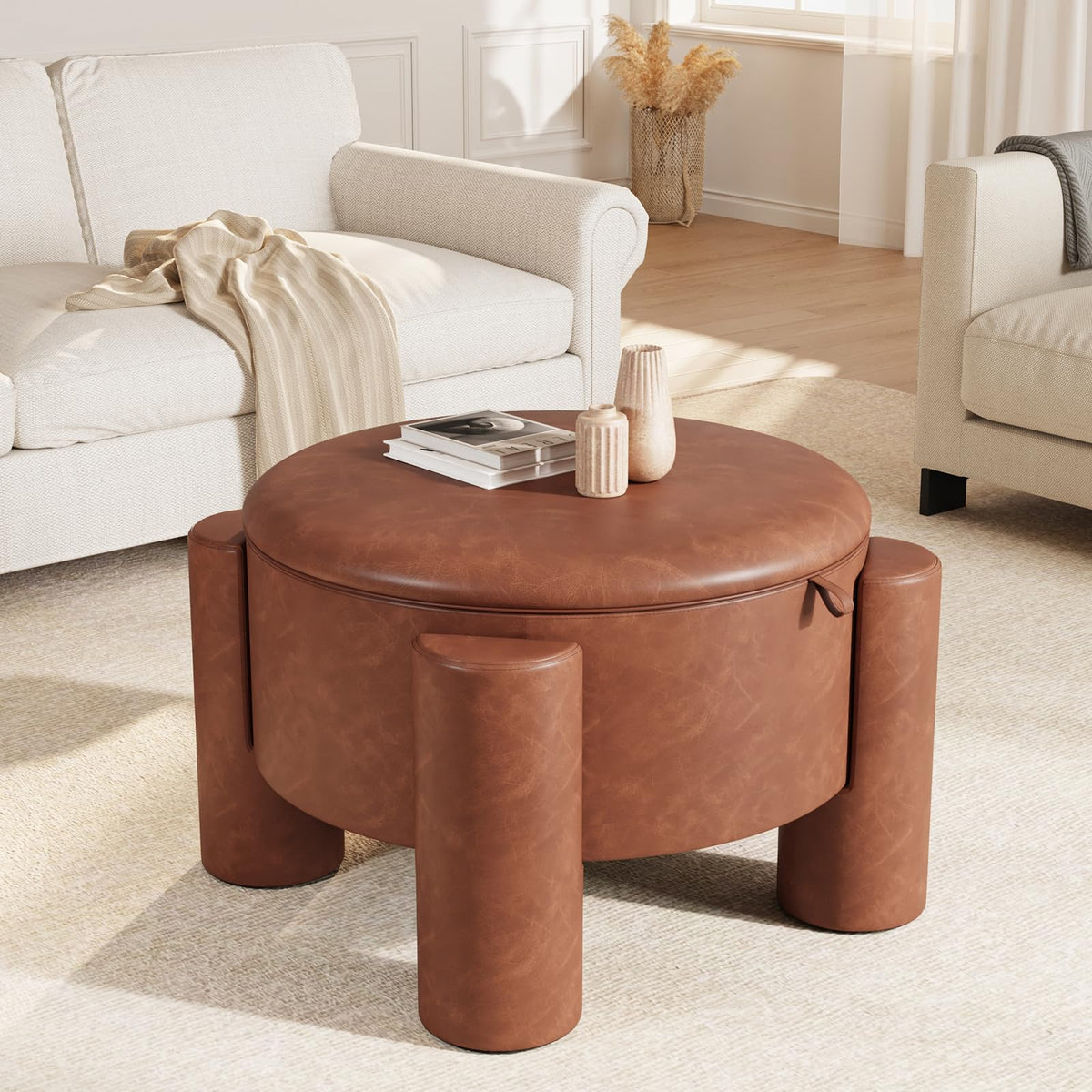 FiveWillowise 24 Inch Small Round Ottoman with Storage,Faux Leather