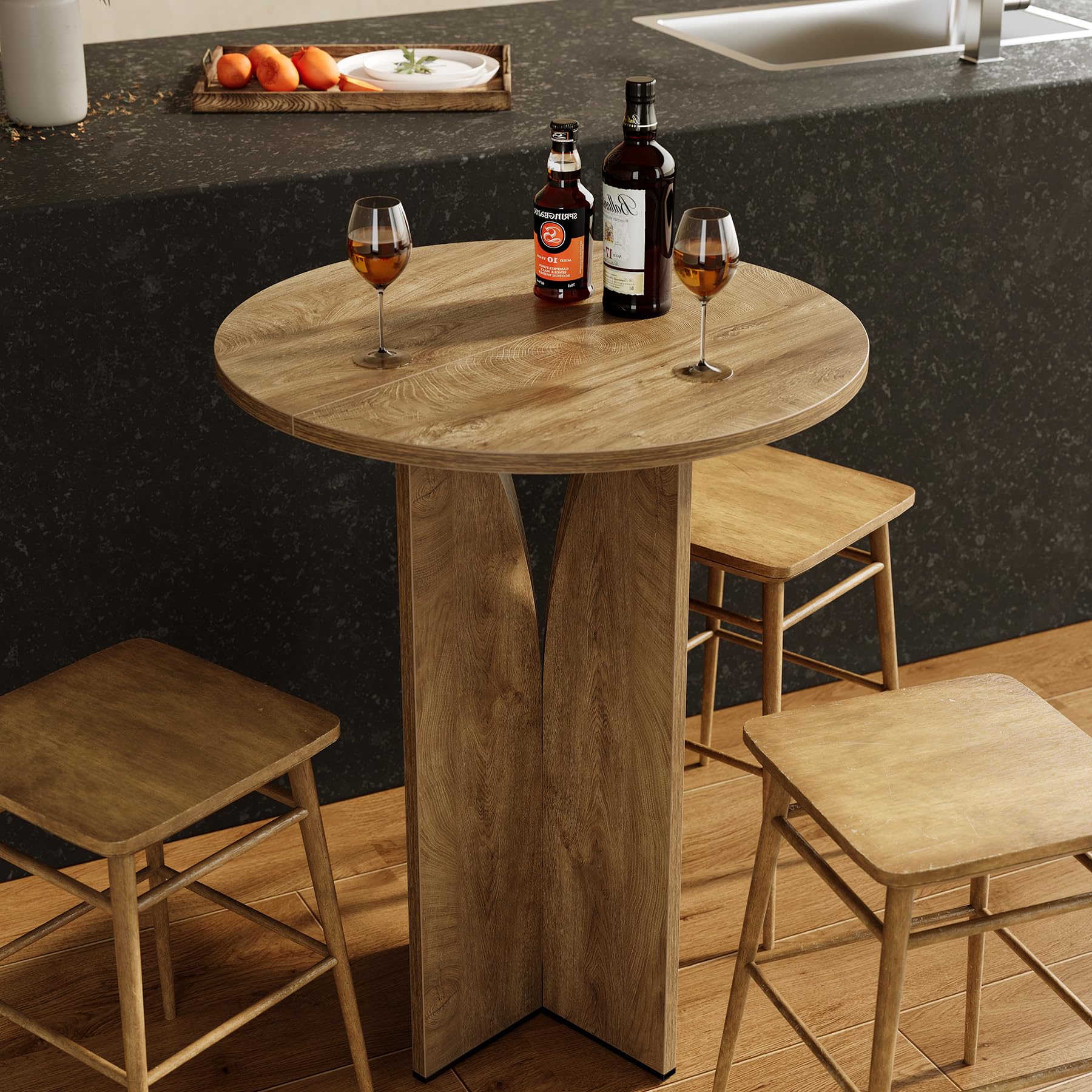 LITTLE TREE Round Bar Table, 31.5 Inches Counter Height Cocktail Table, Wooden High Top Home Bar Unit for Pub, Bistro, Home, Kitchen, Dining Room, Small Space, Brown