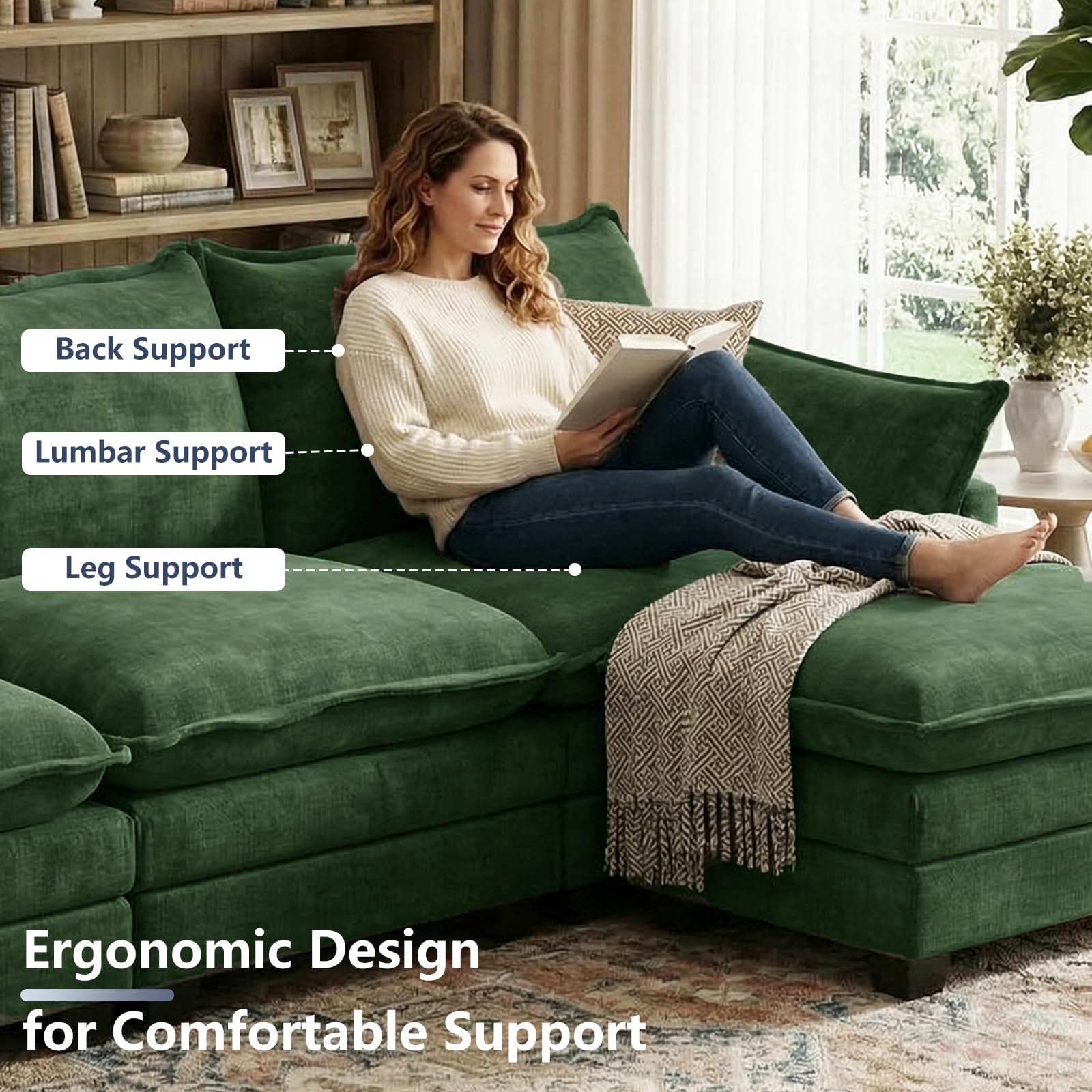 OhaiAura U Shaped Modular Sectional Sofa, Cloud Couch with Movable Ottoman, Comfy Chenille Sofa with Pillows for Living Room, Bedroom, Apartment, Green