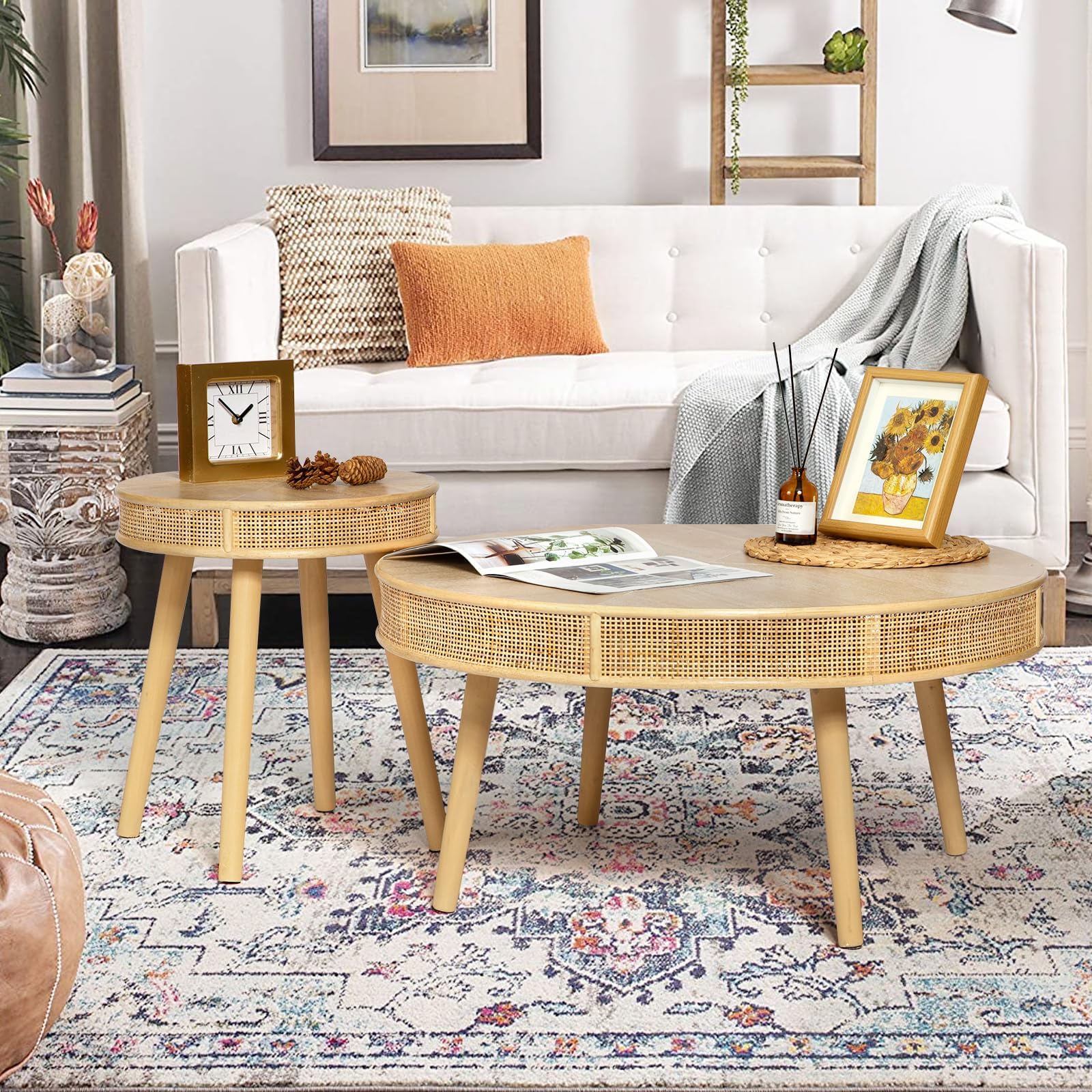 RUSTOWN 2-Piece Farmhouse Coffee Table, Modern Rustic Sofa Side Tea Tables, Solid Wood Finish with Crafted Rattan Side and End Table Sets for Living Room (Natural)
