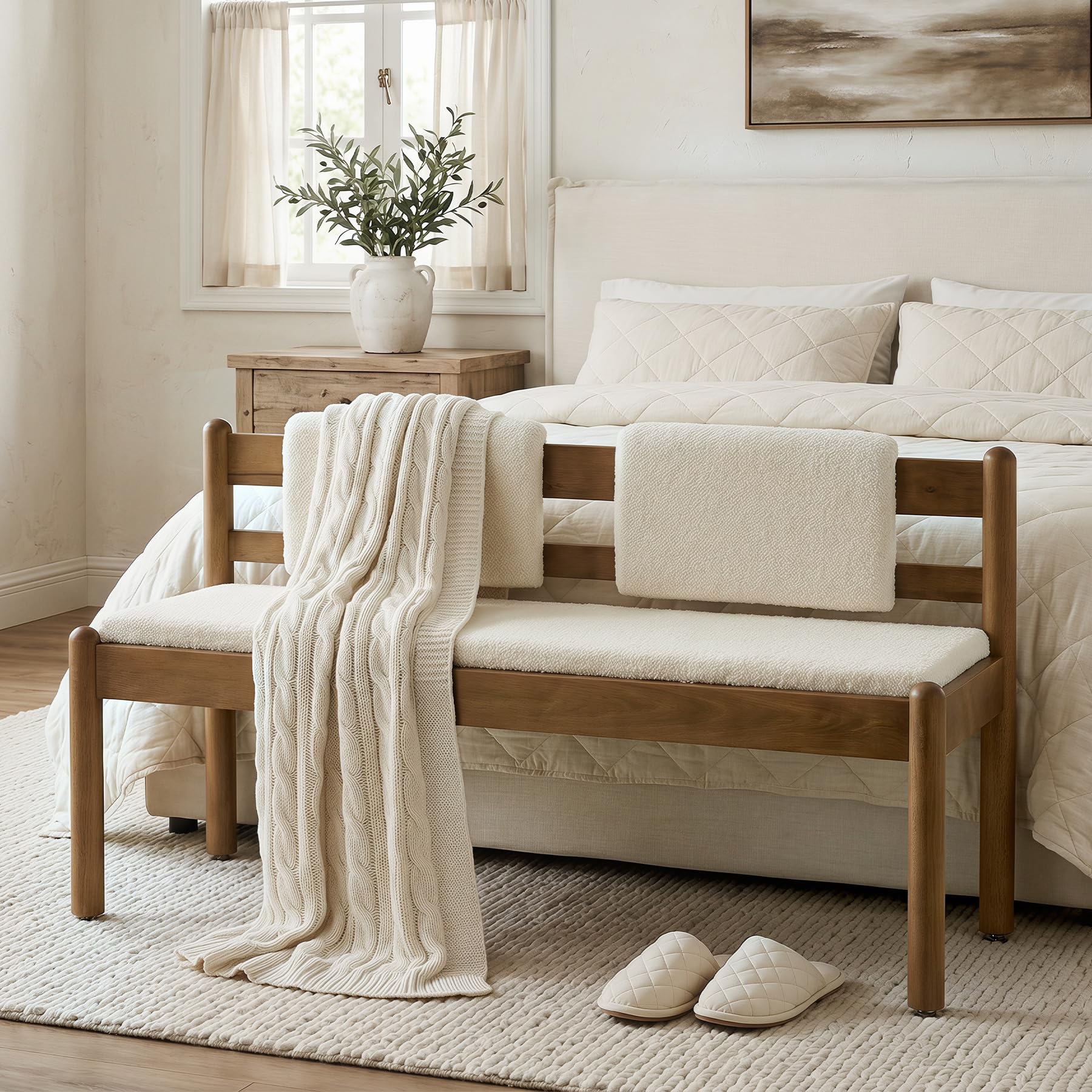 LITTLE TREE Solid Wood Entryway Bench, 49" Dining Bench with Back, Wood Settee Bench with Upholstered Seat, Farmhouse Bedroom Bench for End of Bed, Dining Room, Mudroom, Entryway, White + Walnut Brown
