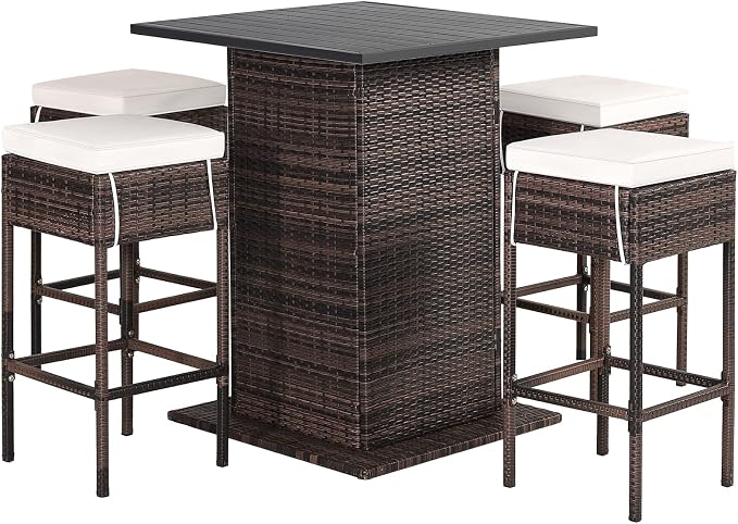 5-Piece Outdoor Wicker Bar Set with Hidden Storage