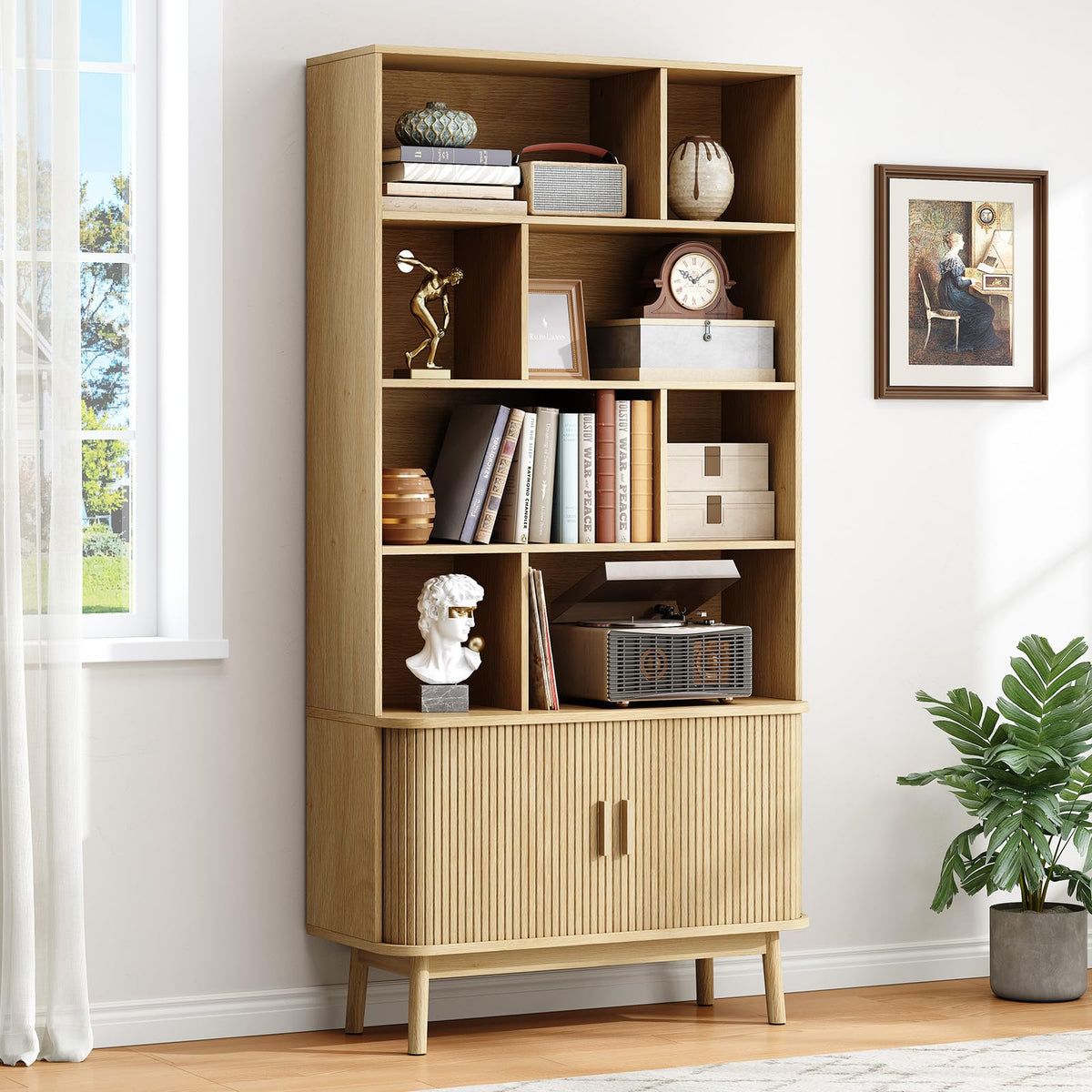 ONBRILL 71" Tall 8-Cube Bookshelf, 35.4" Wide Bookcase with Door, Oak