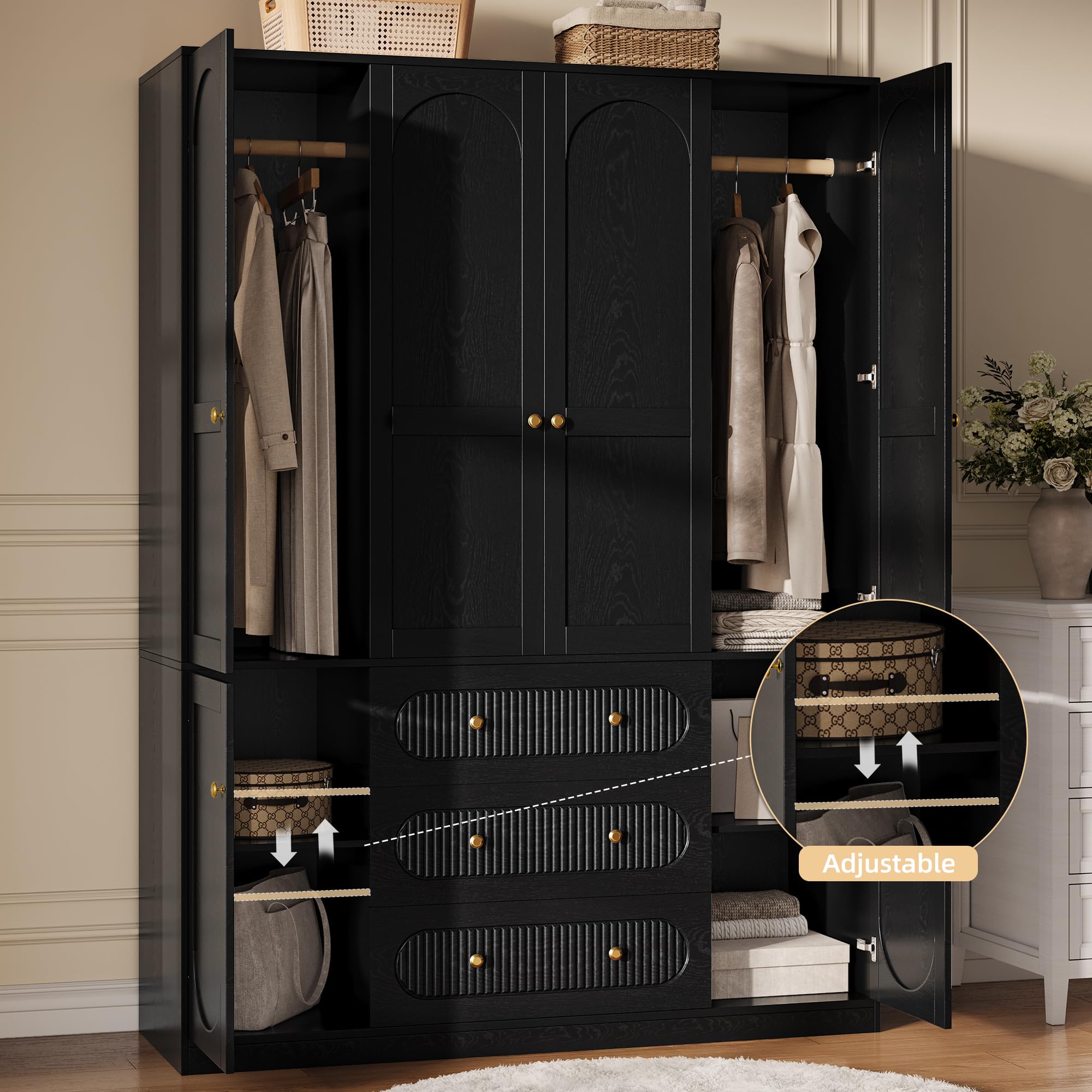 TOKSOM 4 Doors Freestanding Armoire Wardrobe Closet, 72" Black Wardrobe Armoire Wooden Closet Large Capacity Storage with 3 Drawers & 3 Hanging Rod Shelves Clothes Organizer