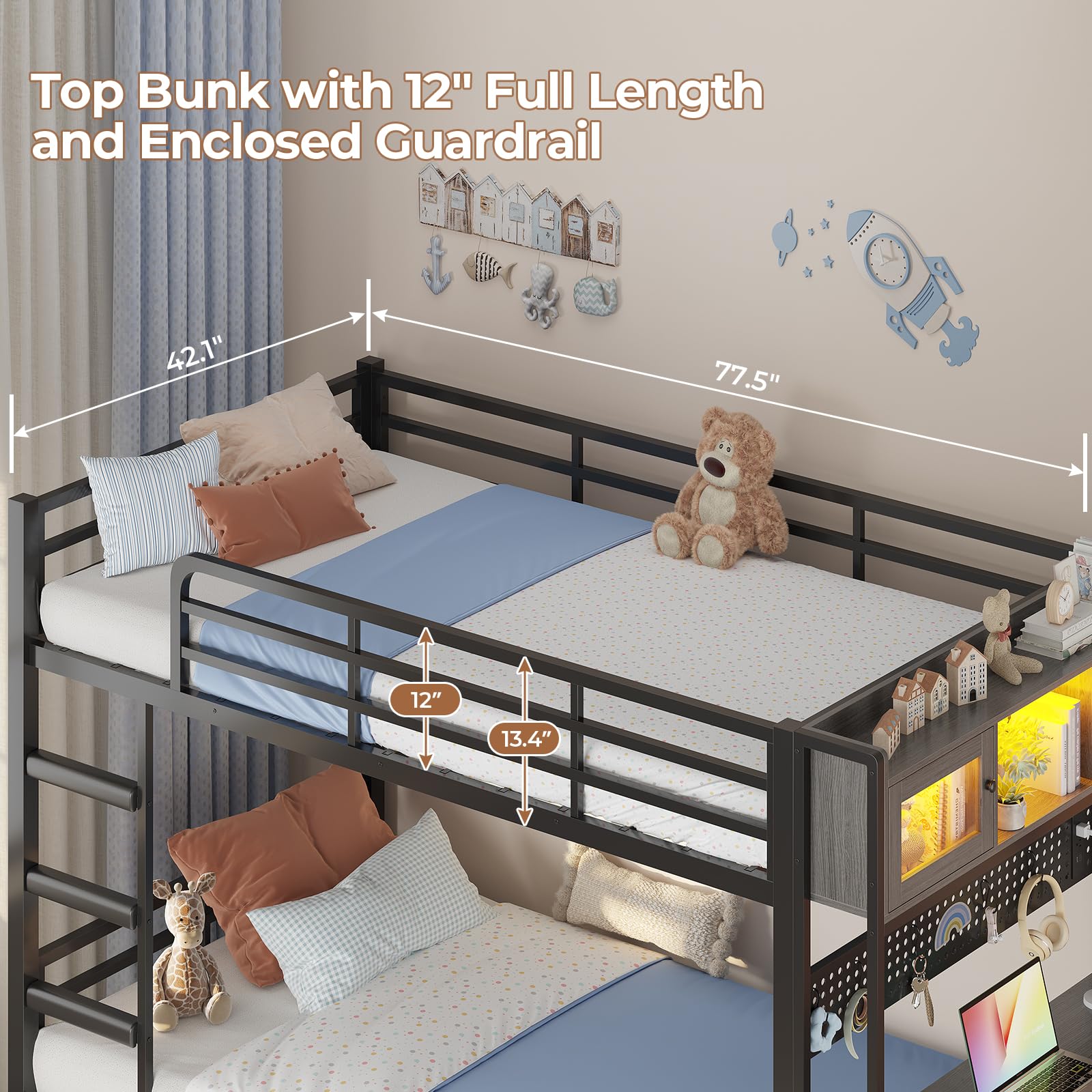 Twin Over Twin Bunk Bed with Desk & LED Light