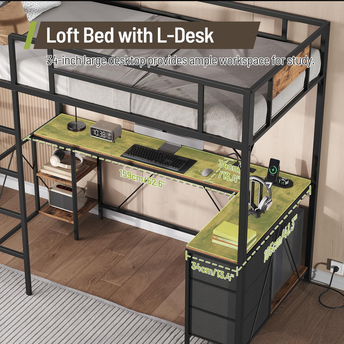 Twin Loft Bed with L-Shaped Desk