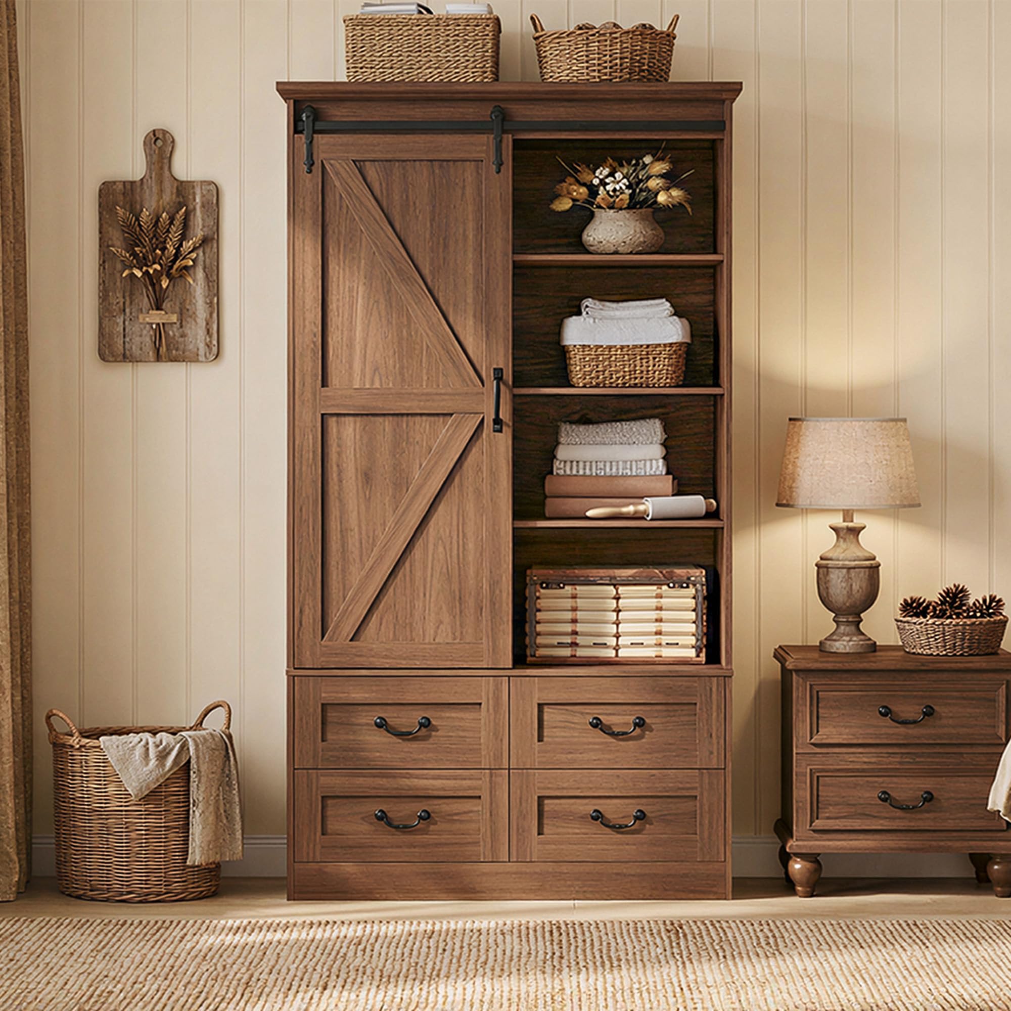 IRONCK Armoire Wardrobe Closet with 4 Drawers,71" Wardrobe Cabinet with Sliding Barn Doors, Tall Clothing Storage Cabinet with Hanging Rod and Shelves for Bedroom,Walnut