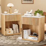 Cychuily Modern Fluted Nightstand Set of 2 for Bedroom, Mid Century Bedside Table Set with Marble Top & Drawer, Wood End Table, 2 Farmhouse Night Stands for Guest Room, Hallway, Oak