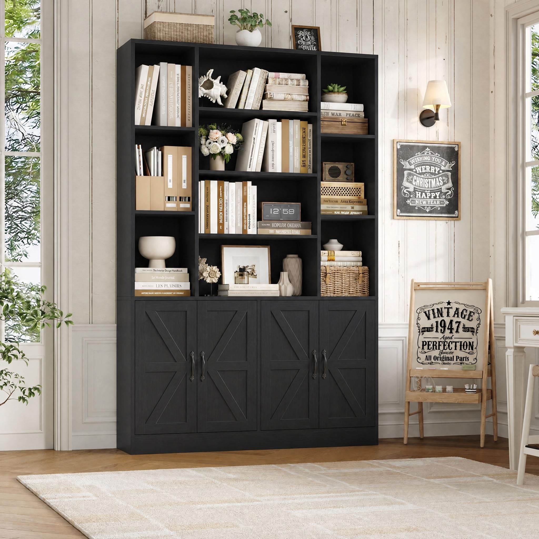 HOSTACK 72” Tall Book Shelf and Bookcase, White Bookshelf with Storage Cabinet, 45” Wide Bookcase with 4 doors, Standing Display Shelves, Modern Farmhouse Book Case for Living Room, Home Office, Black