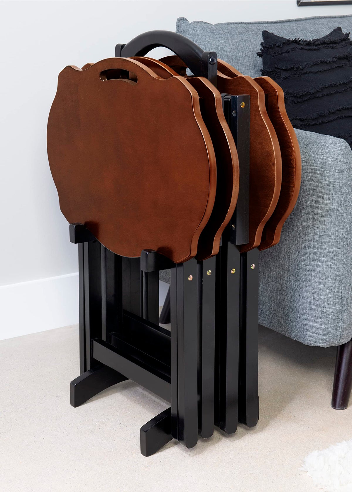 Powell Furniture Serpentine Modern Storage Tray Table, Black with Hazelnut Top, Set of 4, 23.1/2" x 15.3/4" x 26"