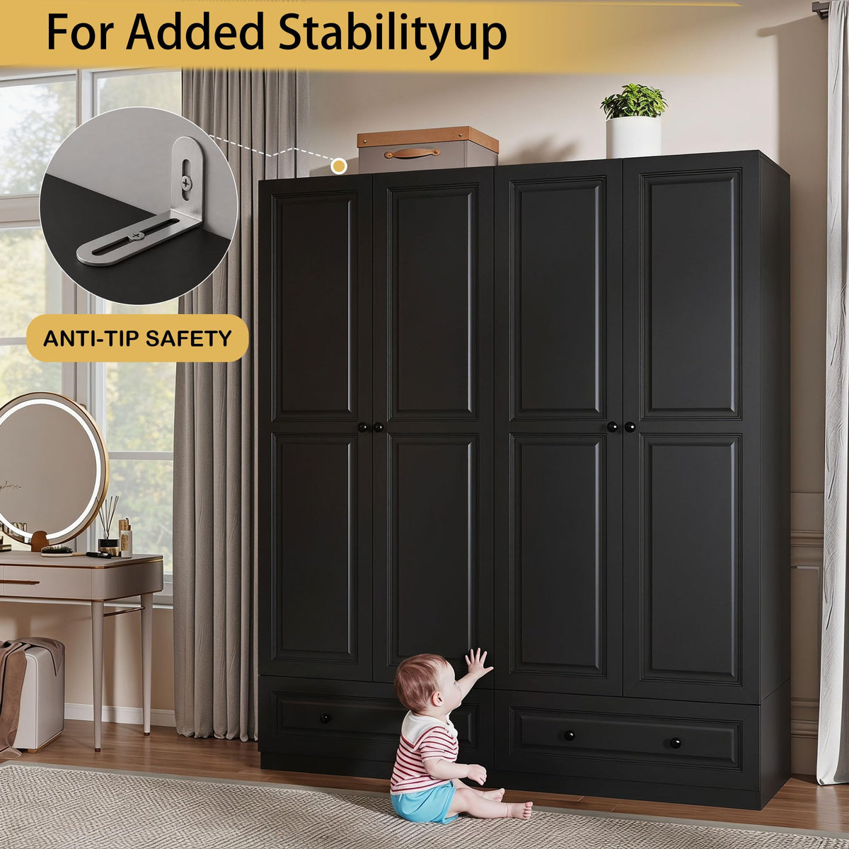 Black Wardrobe Armoire with 2 Drawers