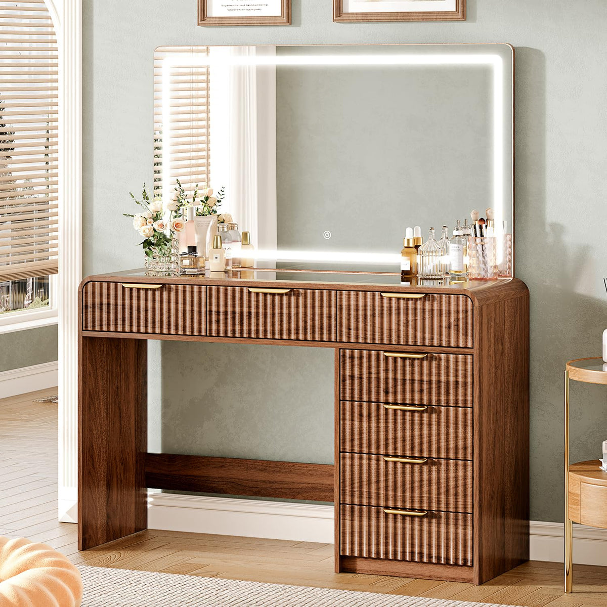Walnut Makeup Vanity with LED Mirror