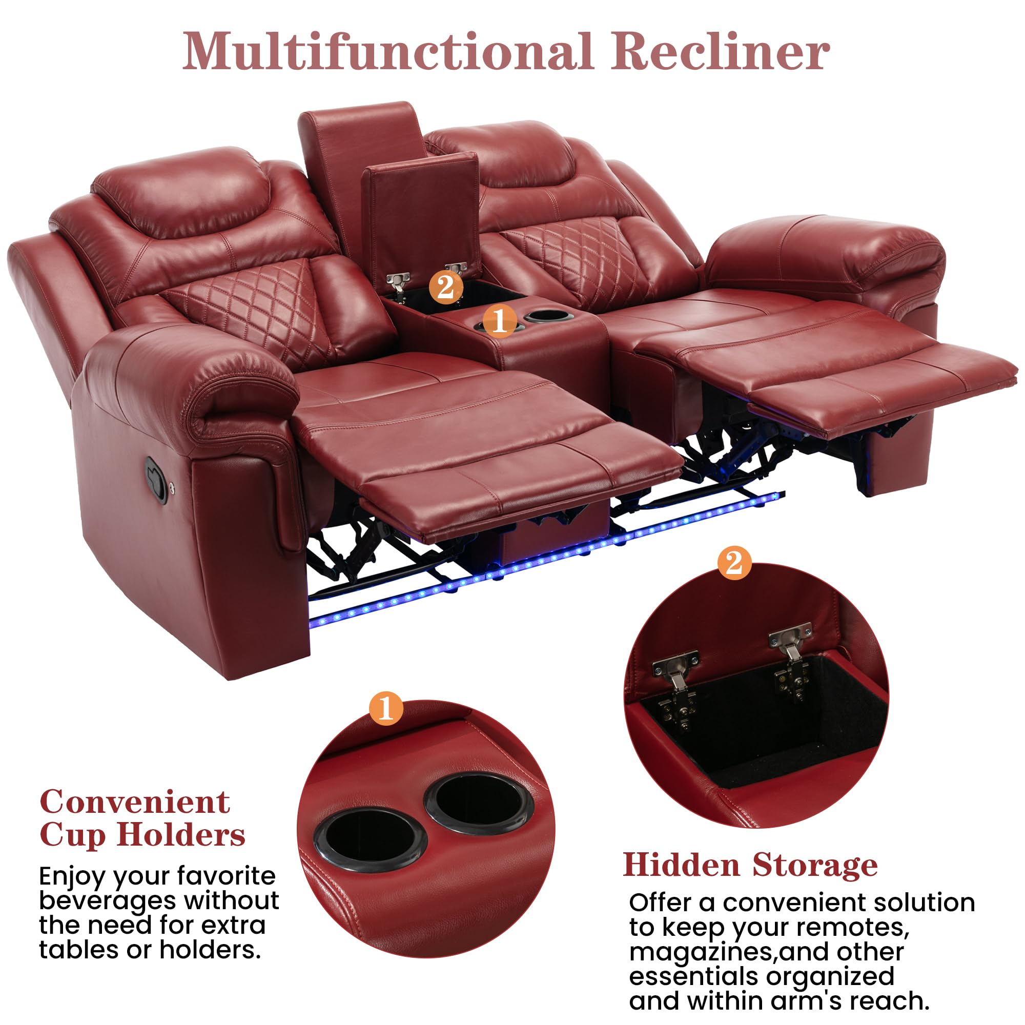 Manual Recliner Loveseat with LED Light Strip