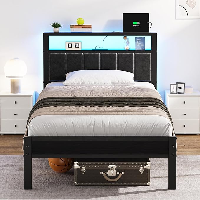 Platform Bed Frame with LED Lights & Charging Station