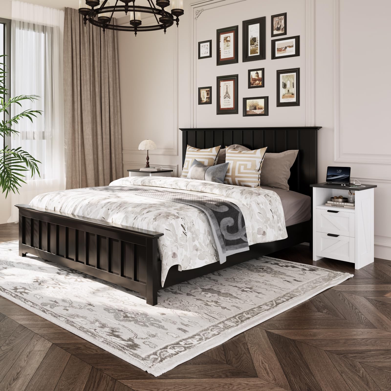 Farmhouse Nightstand Set of 2 with Charging Station & Drawers