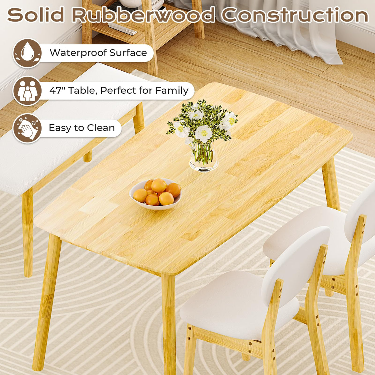 Karl home 4-Piece Farmhouse Dining Set, w/Bench&Chairs,Solidwood, Nature