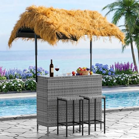 Outdoor Tiki Bar Set with 2 Stools