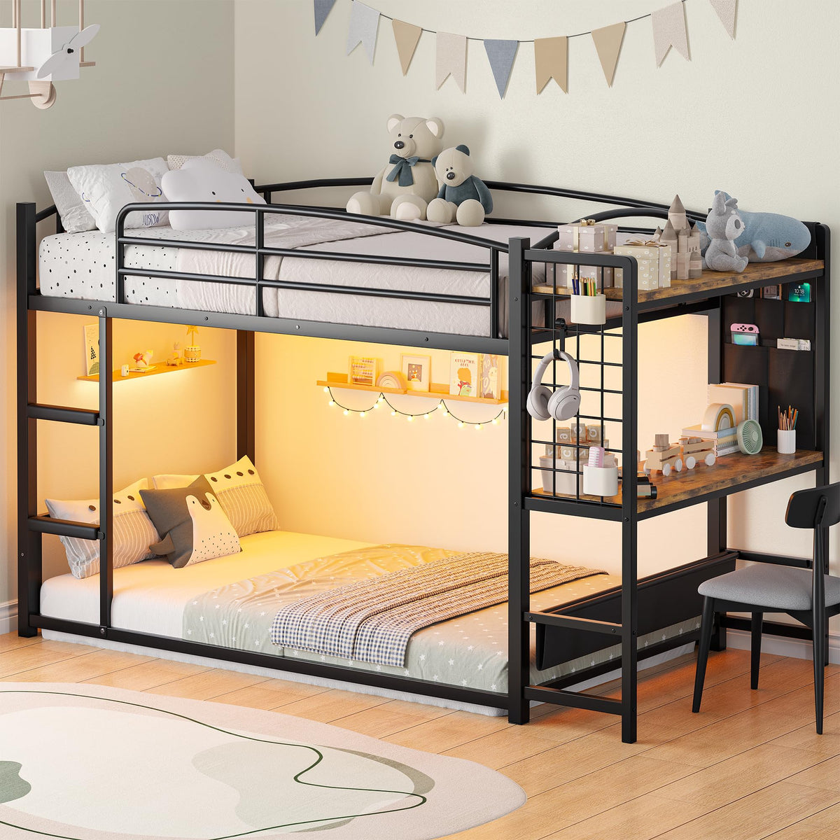 Jocoevol Low Bunk Bed Twin Over Twin for Kids with 6 Storage Drawers & Desk
