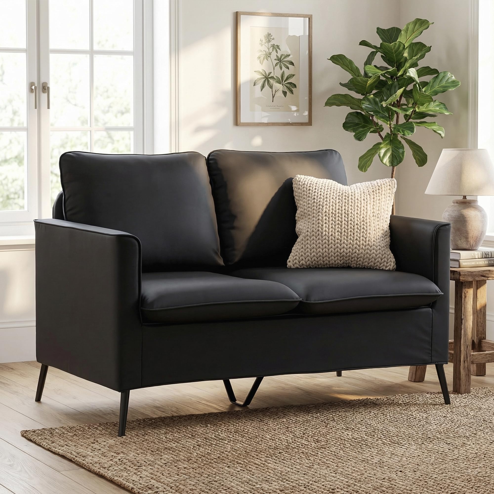 TYBOATLE Faux Leather Loveseat Sofa, Comfy Small Love Seat Mini Couch with 2 Pillows, Mid-Century Modern 2 Seater Couches for Small Spaces, Living Room, Bedroom, Apartment, Office, Dorm (Black, 1)