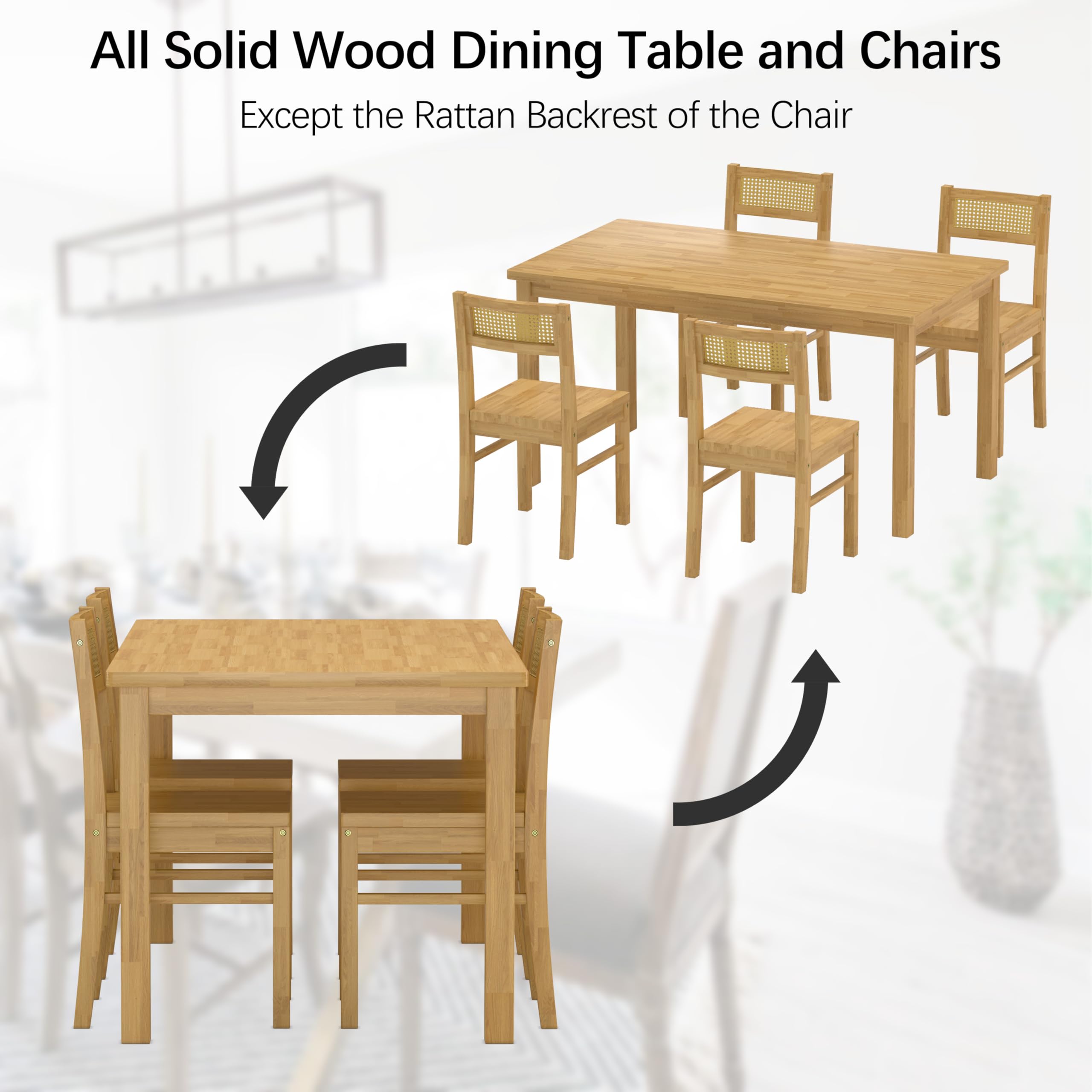 5-Piece Solid Wood Dining Table Set with Rattan Back Chairs